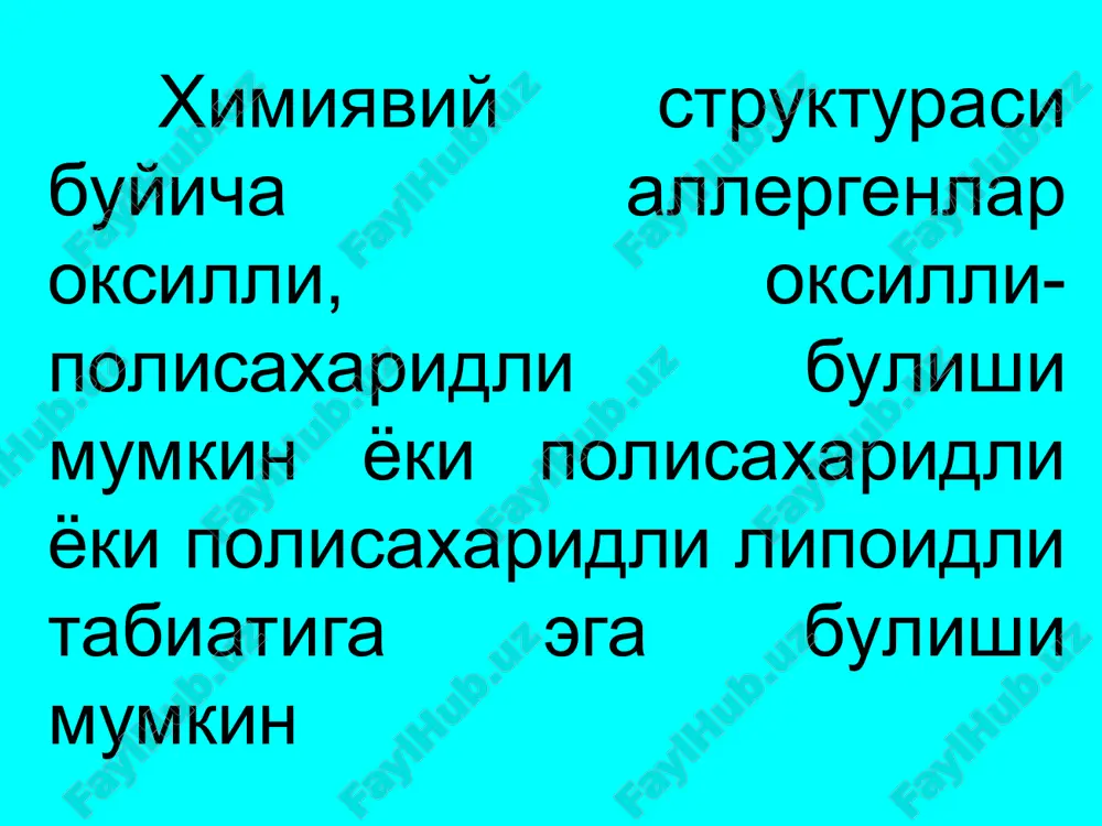 chikaruvchi allergenni eng oz mikdoriga aytiladi. immunitet analogiyasiga karab sensibilizatsiya 2 ga bulinib urganiladi: aktiv passiv aktiv sensibilizatsiyada organizm antigen bilan immunizatsiya kilingan paytda xususiy immunokomplementlar tomonidan antitelo ishlab chikariladi. passiv sensibilizatsiyada retsipient organizmga, sensibilizatsiyalangan organizmdan zardob olib, tayyor antitelo yuborib sezuvchanlik orttiriladi. desensibilizatsiya anafilaktik shokdan sung dengiz chuchkasi ulmasdan kolsa ancha vaktgacha antigenga nisbatan refraktor bulib koladi. sensibilizatsiya xolatidan chikishga desensibilizatsiya xodisasi deyiladi. anafilaksik patogenezi: gumoral tsellyuler nerv-reflektor patergik adoning piliergik nazariyasi: immunobiologik faza yuborilgan antigenga nisbatan antitelo; patoximicheskaya faza antigen antitelo kompleksi xosil bulishi natijasida biologik aktiv moddalr xosil bulishi; patofiziologik faza mediatorlar ta'sirida turli strukturalarni uzgarishi; anafilaktik reaktsiyalar paytida ajraladigan mediatorlar mediatorlarni nomi asosiy manbasi ta'sir mexanizmi gistamin bazofillar, mastotsitlar kontomirlarini kengaytiradi kapillyarlarni utkazuvchanligini oshiradi, bronxlarni toraytiradi serotonin ichki organ xujayralarida sintezlanib trombotsitlarda saklanad yurak-kon tomirlar faoliyatini trombotsitar reaktsiyalarni reagulyatsiyasidagi ishtiroki buladi eozinofillarni xemotoksik omili mostotsitlarda eozinofillardan vazoaktiv ferment- ingibitorlarini ajralishini ta'minlaydi neytrofilli xemotoksik omil mostotsitlarda neytrofillardan …