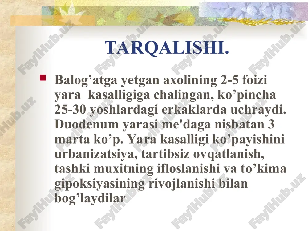 1, b2, b6, b12, b15, c, a vitaminlar. shilliq pardani ximoyalovchilar sukralfat - alyuminiyning organik tuzi vismutning kolloidli subcitrati a) metacin b) platifillin c) sulpirin (egnolin) d) gastrostecepin e) gastrobamat antibakterial terapiya. (a) denol. (b) metronidazol. (v) amoksicillin. (g) trixopol. profilaktikasi. (a) asab taranglanishini yo’qotish. (b) tamaki chekishlikni cheklash. (c) alkogol ichishlikni to’xtatish. (d) uyda va ishda gigiena normalarini saqlash.