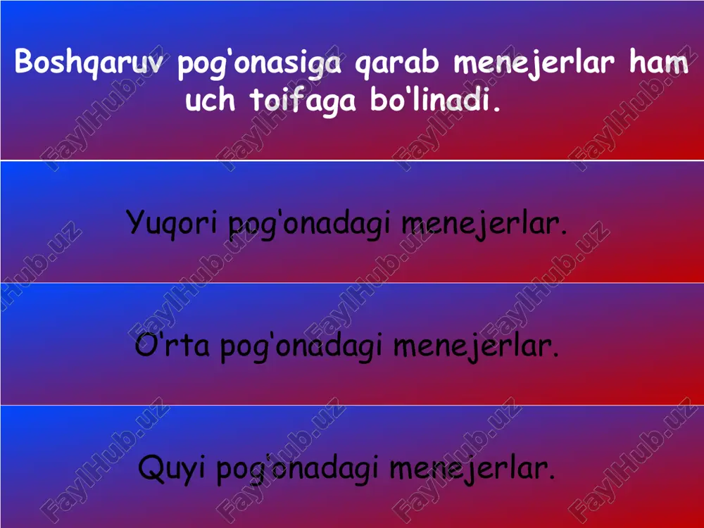 vaziyat o‘zgarsa, qiyinchilik tug‘ilsa, ular o‘zlarini panaga olib turishadi. rahbarga qo‘yiladigan talablar mehnatsevarlik; jamoa o‘rtasida intizomni yo‘lga qo‘ya bilish; atrofdagilarga mehnatsevarlikni tarbiyalay bilish; bir noshud rahbarning beg‘amligi yuzlab, minglab kishilar taqdirining bedaxl qirralariga ta’sir etishi mumkin. boqibeg‘am bu toifa rahbarlarning shu uslubi bilan murosa qilib bo‘lmaydi.ishni rejali olib bera bilish, rejasiz ishlagan rahbar xodimlar jamoasi oldiga qo‘yilgan vazifalarni muvafaqqiyatli bajara ololmaydi. iqtisodiyotni bilishi; texnika va texnologiyani bilishi; boshqarish ilmini, funksiyalari va strukturasini bilish; istiqbolni bilishga qodirligi va h.k. xodimlarni tanlay bilish va ulardan samarali foydalanishni ta’minlay olishligi; qo‘l ostidagilarni mehnatga o‘rgatish va tarbiyalashni bilish; jipsalashgan jamoani vujudga keltiraolish; maqsad sari intiluvchanlik; kutilmagan vaziyatlarda boshqarish qobiliyatini yo‘qotmaslik; dovyuraklik sabrlilik yaxshi niyatlik sog‘lom shubhalilik kamtarinlilik samimiy xushmuomalalilik rahmdillik xushxulqlilik qanoatlilik obro‘ byuroktatizm mahalliychilik hadiksirash balandparvozlik 1. iloji boricha qulog‘ingizgacha ishga ko‘miling. o‘z kompaniyangiz mijozlarini ko‘paytirish uchun barcha imkoniyatlaringizni ishga soling. 2. kompyuterni o‘rganing. 3. chet tilini o‘rganing. 4. o’z arxivingizni tashkil qiling. …