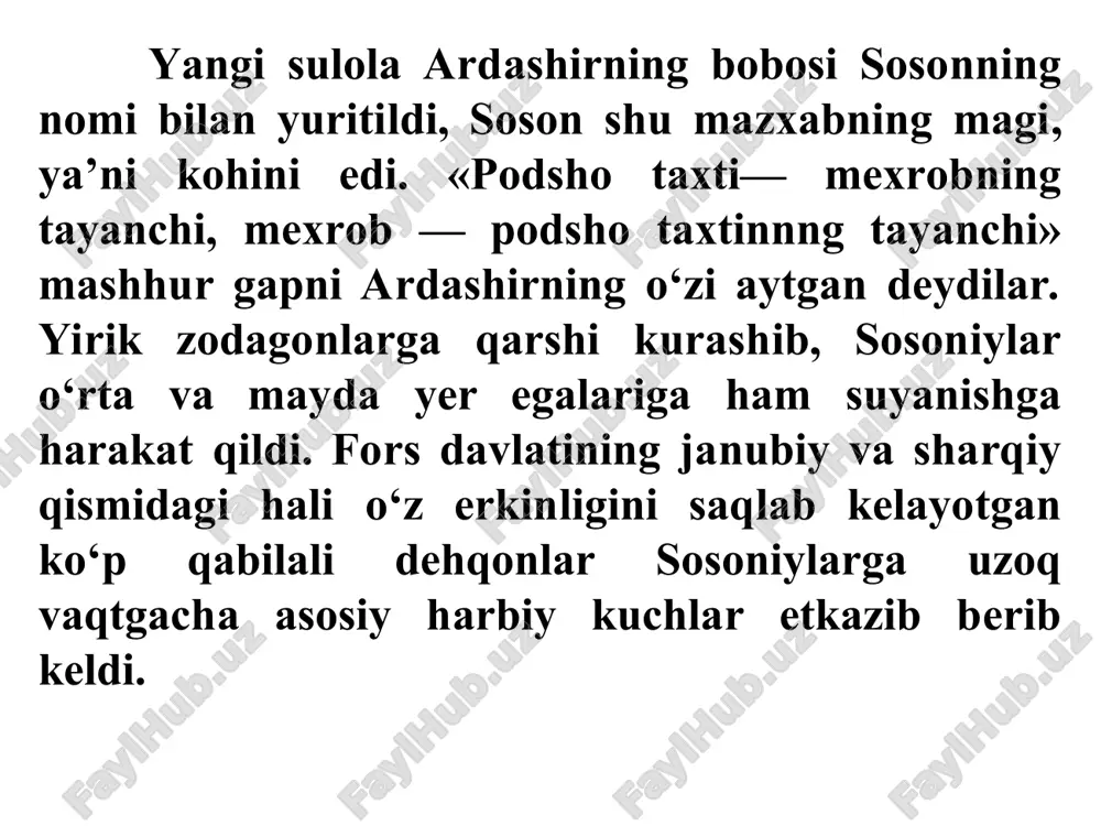 ijasida sudxo‘rlik avj olgan edi. keyingi ikkita musibat - soliq zulmi va sudxo‘rlik shaharning axoli ommasini ham qattiq ezardi, bular ham umuman huquqsiz edi. amaldorlar soliqlarni qishloqlarda dehqonlardan qanday shafqatsizlik bilan undirgan bo‘lsalar, shaharliklardan ham shunday shafqatsizlik bilan undirar edilar. xalq harakati. moniy. mazdakiylar. asoratga tushib borayotgan dehqonlar ommasi va xonavayron bo‘lib borayotgan shahar kambag‘allari o‘z ahvolidan qattiq norozi edilar. bu narsa diniy niqob ostida ko‘tarilgan bir qancha xalq xarakatlarida o‘z ifodasini topdi. mesopotamiyadan chiqqan moniy ismli targ‘ibotchi (215 yilda tug‘ilgan) eronda xalq ommasi o‘rtasida iii asrning ikkinchi yarmidayoq katta shuxrat qozondi. zardo‘shtlik ta’limotidagi, dunyoda ikki narsa: yaxshi xudo — ormuzd bilan yomon xudo —ariman bir-biriga qarshi kurashadi, degan aqidadan foydalanib, moniy mavjud ijtimoiy tartiblarni yomonlik timsoli deb qoraladi. moniy davlat dini bo‘lgan zardo‘shtlik dinini, tashqi irim-sirimlarni va qurbonliklarni rad qildi, kohinlarning boylikka ko‘milib yashashiga qarshi chiqdi. u batamom tarkidunyo qilishga da’vat etdi va o‘z muxlislariga hayotning butun mashaqqatlaridan qutulishning …
