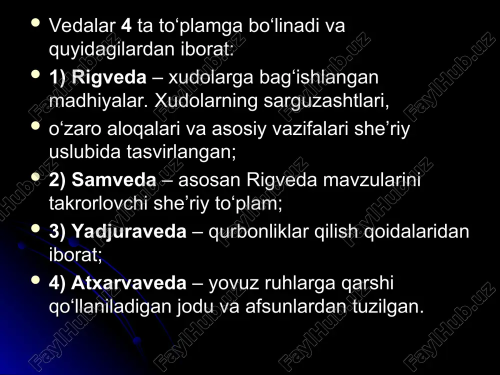 gan, degan xulosaga kelish xatodir. bunday kurash nafaqat diniy tizimlar o‘rtasida, balki bitta diniy tizimdagi xudolar darajasida ham to‘xtovsiz davom etgan. masalaning diqqatga sazovor jihati shundaki, ular o‘rtasidagi keskin raqobat jamiyatda to‘qnashuvlarni, diniy urushlarni keltirib chiqarmagan. buddaviylikning davlat dini sifatida tan olinganligi (miloddan avvalgi iii asr) diniy tizimlar o‘rtasidagi raqobatni susaytirmagan. bu kurash, ayniqsa, braxmanizm va buddaviylik dinlari o‘rtasida murosasiz kechgan. lekin braxmanizm avvalgi holatida qayta tiklanishi mumkin emas edi. natijada braxmanizmning negizida yangi diniy ta’limot – hinduiylik vujudga kelgan. uning shakllanish jarayoni milodiy i asrga kelib yakunlangan va hindistonda keng yoyilishi milodiy iv–vi asrlardagi guptalar imperiyasi davriga to‘g‘ri kelgan. buddaviylik bilan hinduiylikning raqobat kurashi uzoq davom etgan. faqat x asrga kelib, buddaviylik hindistondan uzil-kesil siqib chiqarilgan. yangi dinni «hinduiylik» deb atash viii asrda islom dinining hindistonda yoyilishi bilan bog‘liqdir. islom dinini qabul qilmagan aholini mahalliy musulmonlar «hindilar» deb ataganlar va keyinchalik ilmiy adabiyotda yangi din tarafdorlari «hinduiylar» deb atala …