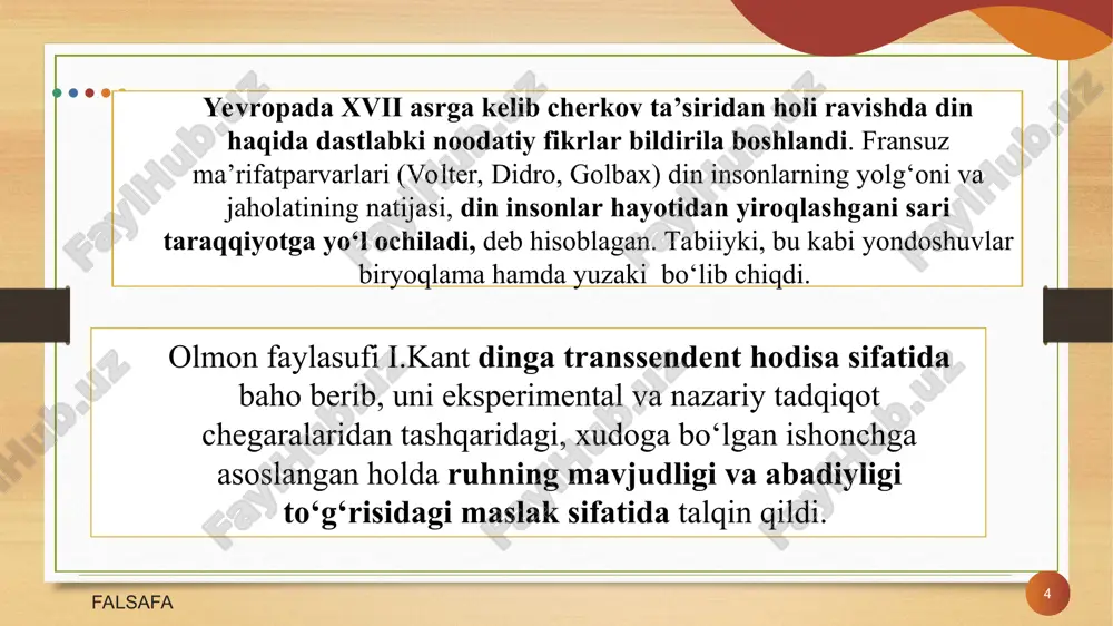 (hayvon) shaklda tasavvur qilinadi. bunga misol sifatida qadimgi misr, yunon, rim sivilizatsiyalari, zamonaviy hindiston, xitoy, yaponiya dinlarini sanash mumkin. ikkinchisi, xudo bilan insonlarni bog‘lab turuvchi kult yoki kultlar majmuasi. yuqorida aytilganidek har bir dinda topinish obyekti - xudo bo‘lishi lozim. yaratuvchi bilan insonni bog‘lab turadigan ibodat va marosimlar majmui (qurbonlik, ro‘za, bayramlar) kult deb ataladi. kultlar kundalik yoki mavsumiy, yakka tartibdagi yoki jamoaviy kabi ko‘rinishlarda bo‘lishi mumkin. jumladan, islom dinida «namoz mo‘minning me’roji» (ya’ni alloh taoloning huzuriga ko‘tarilishi) hisoblansa xristianlikdagi «sirli marosimlar»da muqaddas ruhning o‘zi ishtirok etadi, deb hisoblanadi. shu tariqa, mavjud barcha dinlarda kultlar vositasida e’tiqodchilar o‘z ilohlari bilan bog‘lanadilar. * * uchinchisi esa e’tiqodchilarni o‘zida jamlaydigan diniy tashkilotlarning mavjudligi. diniy tashkilot, bu bir din izdoshlarining jamoaviy ravishda o‘z diniy rasm-rusum, ibodat marosimlarini o‘tkazadigan, diniy ta’lim oladigan muassasalaridir. islomda - masjid, madrasa, xristianlikda - cherkov, seminariya, yahudiylikda - sinagoga va hokazo. dinlar tarixi, ular bilan bog‘liq jarayonlar, dinning inson …