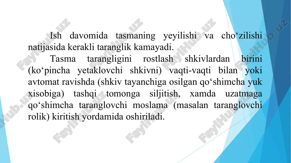 hlanishlar epyurasidan ko‘rinib turibdiki, eng katta kuchlanishlar tasmaning yetaklovchi tarmoqqa kirish joyida yuzaga keladi  max =  v + 1 + e1  max ≤ -1 tasmaning ishlash qobiliyati uning tortish qobiliyati va umrboqiyligi (ishonchli ishlash mudati) bilan belgilanadi. tasmaning tortish qobiliyati tasma materialining mustaxkamligi bilan, umrboqiyligi esa tasmaning mastaxkamligi va uning toliqishga chidamliligi bilan baholanadi. tasmaning umrboqiyligi kuchlanishlar qiymatidan tashqari, tasma shkivlarni qamragandagi egilish xarakteri va bu egilishning o‘zgarish siklining takrorlanishlariga ham bog‘liq bo‘ladi. tasma tarmoqlaridagi kuchlanishlarning o‘zgarishi zanjirli uzatmalar haqida umumiy tushunchalar. zanjirli uzatmaning turlari va tuzilishi: zanjirli uzatma maxsus tuzilishdagi ikkita tishli g‘ildirak (yulduzcha) va unga kiydirilgan cheksiz egiluvchan zanjirdan iborat. yetaklovchi va yetaklanuvchi 2 yulduzchalar va zanjir 1 o‘zaro bog‘lanib uzatmani hosil qiladi. uzatma harakati zanjirni yulduzcha tishlariga ilashishiga asoslangan. zanjirli uzatma turlari rolikli vtulkali tishli soniga qarab.. bir qatorli ko’p qatorli vtulka-rolikli zanjir tashqi zveno 2, valik 3 ga presslanib o‘rnatilgan, ichki zveno 1, …