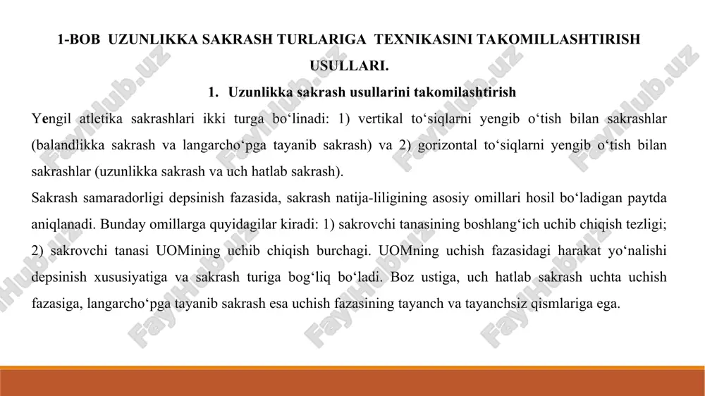 gavdasi va qo‘li planka orqali o‘tkaziladi. buning natijasida aylanish radiusi kamayadi, tezlik esa oshadi va planka tepasidagi eng yuqori nuqtada sakrovchining gavdasi gorizontal xolatga keladi. planka tepasida gavdaning bo‘ylama o‘q bo‘ylab almanishini tezlashtirish muximdir. sakrovchi silkinch oyog‘i tos-son bo‘g‘inini gavda bilan bir chiziqda bo‘lishi darajasigacha to‘g‘irlab, planka bo‘ylab siljitadi. shu paytda depsinuvchi oyog‘ining tizza va tos-son bo‘g‘inlari tezda bukiladi, tizza pastga tushib, oyoq tagi yuqoriga qaragan, qo‘llar gavda bo‘ylab cho‘zilgan bo‘ladi. gavdaning bu qismlarini bo‘ylama o‘qqa yaqinlashishi aylanish radiusini kamaytirib, aylanish tezligini shunga yarasha oshiradi. bu sakrovchining planka tepasida ko‘kragini yerga burgan xolatda bo‘la olishiga imkon bo‘ladi. so‘ngra sakrovchi planka ustidan o‘tkazishga qaratadi. depsinuvchi oyoqni tizzasi bilan tagini tashqariga buradi, tosni esa tos-son bo‘g‘inidan tez planka tomon buradi. “fosbyuri-flop” usulida planka ustidan o‘tish 3 fazaga bo‘linadi. e’tiboringiz uchun rahmat mundarija kirish. 3 1-bob uzunlikka sakrash turlariga texnikasini takomillashtirish usullari. 5 1.1 uzunlikka sakrash usullarini takomilashtirish 5 1.2 uzunlikka sakrash fazalarini …