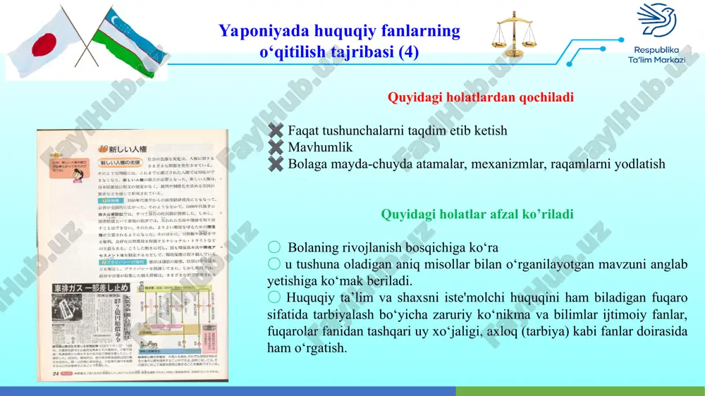xalqimizning bugungi kundagi holati va mentalitetiga qarab o’rganish va o’zlashtirish o’z samarasini beradi. * yangi avlod darsliklari…qanday bo‘lishi kerak ? yangi avlod darsliklari…qanday bo‘lishi kerak ? rtmedu_news 3. qanday edi ? nima o‘zgardi ? davlat va huquq asoslari 6 ta bob, 30 ta mavzu, 2 ta nazorat ishi, 2 ta takrorlash dars 5 bo‘lim, 30 ta mavzu 2 ta nazorat ishi, 2 ta takrorlash dars 5 bo‘lim, 28 ta mavzu, 2 ta nazorat ishi, 2 ta amaliyot darsi va 2 ta takrorlash 5 bo‘lim, 28 ta mavzu, 2 ta nazorat ishi, 2 ta amaliyot darsi va 2 ta takrorlash 2019 2019 2017 2018 matritsa jadval t/r boblarning nomlari sinf 8-sinf 9-sinf 10-sinf 11-sinf 1-chorak kirish kirish kirish kirish jamiyat va davlat fuqarolik jamiyati va huquqiy davlat jamiyat va inson huquqlari mehnatga oid huquqiy munosabatlar 2-chorak axloq va huquq konstitutsiya va demokratiya oilaviy huquqiy munosabatlar ma’muriy huquqiy munosabatlar 3-chorak huquqbuzarlik va …