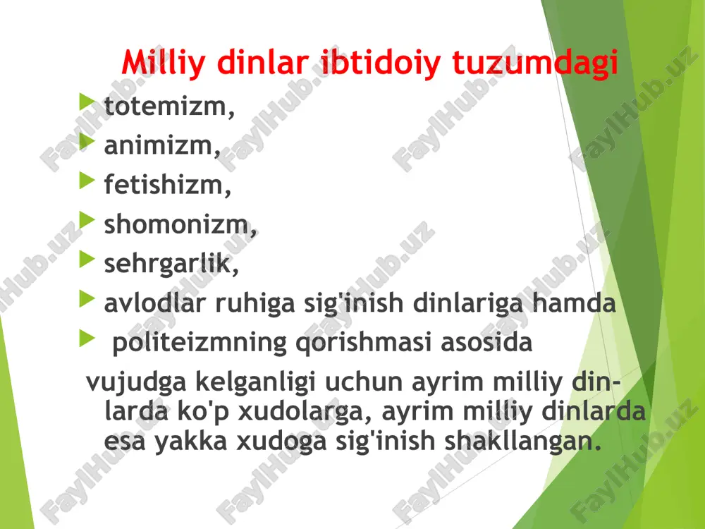 hukmroni esa xudolar bilan insonlar o'rtasidagi vositachi, osmon o'g'li deb talqin qilindi. xitoy imperator-larini hatto xudo darajasiga ko'tarishgan. konfusiychilikda ajdodlar ruhiga sig'inish muhim o'rin egallaydi. shu boisdan qurbonlik qilish, tug'ilish, oila qurish, dafn qilish va boshqa marosimlar g'oyat tantanali bajariladi. bu marosimlar davlat xokimlari, oila yoki urug' boshliqlari tomonidan boshqariladi. konfusiychilikda qohinlar bo'lmagan dastlabki davrlar-da hech qanday muayyan ta'limot ham bo'lmagan. konfusiychilikning hamma asosiy qonunlari 13 ta kitobda, sharhi esa 40 jildda bayon qilingan. bularning eng ahamiyatli qismi 9 ta kitobdan iborat. bular: “sishu” (to'rt kitob) va “szin” (besh kitob). bu qonunlar ham “muqaddas” xalq donishmandlari manbai hisoblanadi. konfusiychilik tarafdorlari diniy kitoblardagi ta'limotga qat'iy rioya qiladilar va bu ta'limot mavjud tuzumning yengilmasligini targ'ib qilganligi uchun xitoy feodalizmining asosiy mafkurasi bo'lib qoladi. sintoizm - yaponiya davlati dini amaterasu sintoizm (sinto - xudolar yo'li demakdir) yaponiyada keng tarqalgan an'anaviy milliy dindir. bu din ilk feodalizm davrida (vi-vii asrlar) rivojlangan va urug'chilik, qabilachilikka …