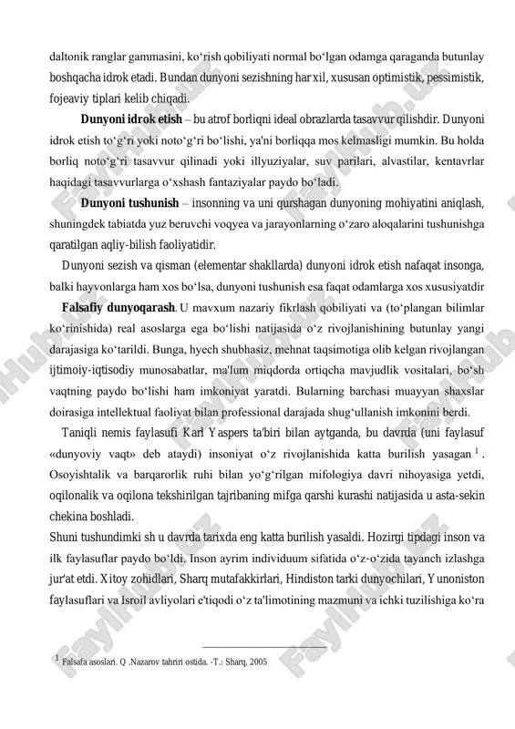 ayot faoliyatida o‘z vazifalarini hal qiladi. ularning ahamiyati va o‘ziga xosligi ham shundadir. tanqid faqat u yoki bu (diniy, oddiy, pragmatik yoki sientistik) dunyoqarash universallikni asossiz ravishda da'vo qilgan holda o‘rinli bo‘ladi. dunyoqarashning tuzilishi - dunyoni sezish, dunyoni idrok etish va dunyoni tushunish kabi eng muhim elementlardan iborat. dunyoni sezish – bu o‘zini qurshagan dunyoni sezgilar yordamida hissiy idrok etishdir. bunda tuyg‘ular, kayfiyat dunyoni go‘yoki ranglarga bo‘yaydi, uning obrazini sub'ektiv, sof individual sezgilar orqali aks ettiradi. masalan, bemor odamga haddan tashqari yorug‘ bo‘lib tuyulishi mumkin bo‘lgan nur, sog‘lom odam uchun normal bo‘ladi; daltonik ranglar gammasini, ko‘rish qobiliyati normal bo‘lgan odamga qaraganda butunlay boshqacha idrok etadi. bundan dunyoni sezishning har xil, xususan optimistik, pessimistik, fojeaviy tiplari kelib chiqadi. dunyoni idrok etish – bu atrof borliqni ideal obrazlarda tasavvur qilishdir. dunyoni idrok etish to‘g‘ri yoki noto‘g‘ri bo‘lishi, ya'ni borliqqa mos kelmasligi mumkin. bu holda borliq noto‘g‘ri tasavvur qilinadi yoki illyuziyalar, suv parilari, …
