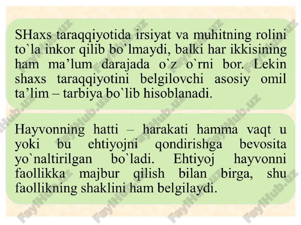 asoslanish lozim. shaxsning faolligi odamni anglangan yoki anglanmagan motivlarining murakkab sistemasi orqali faoliyatga undovchi extiyojlar yig`indisiga bog`liqdir. biroq extiyojlarni qondirish jarayoni ichki qarama – qarshiliklarga ega bo`lgan jarayondir. odatda extiyojlar paydo bo`lishi bilanoq qondirilmaydi. extiyojlarni qondirish uchun moddiy vositalar, shaxsning faoliyatga ma’lum darajada tayyor bo`lishi, bilimlar, ko`nikmalar va shu kabilar zarurdir. shaxs taraqqiyotida irsiyat va muhitning rolini to`la inkor qilib bo`lmaydi, balki xar ikkisining ham ma’lum darajada o`z o`rni bor. lekin shaxs taraqqiyotini belgilovchi asosiy omil ta’lim – tarbiya bo`lib xisoblanadi. xar qanday tirik organizmning faolligi ehtiyojlar natijasida hosil bo`ladi va ana shu ehtiyojlarni qondirishga qaratiladi.bu qonuniyat insoniyat olamiga ham tegishlidir. anglangan va anglanmagan, tabiiy va madaniy, moddiy va ma’naviy, shaxsiy va shaxsiy – ijtimoiy ehtiyojlar kishida faollikning turli shakllarini vujudga keltiradi. shaxs odamning atrofiga bo`lgan munosobatlarini va o`z-o`ziga bo`lgan munosobatni belgilaydi. shaxsning shakllanishida o`z-o`ziga baho berish muhim ahamiyat kasb etadi. o`z-o`ziga baho berish 3 xil ko`rinishga ega: a) shaxs …