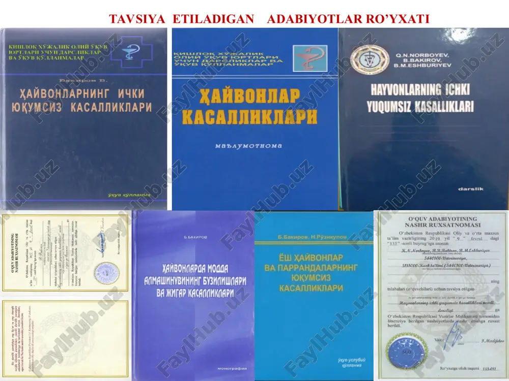 mumiy kaltsiy, anorganik fosfor, umumiy lipidlar, ummiy xolesterin, anorganik fosfor, oqsil bilan birikkan yod (oby) miqdorlari, oqsilli-cho’kmali reaktsiyalar o’tkaziladi. fermentlar faolligi aniqlanadi. asab tizimini tekshirish tartibi qaysi kasallikarning klinik belgilari axtariladi? tekshirish tartibi bosh miya kasalliklari: giperemiya va anemiya; lat yeyish va chayqalish; oftob urishi; issiq etishi; meningoentsefalit; miya istisqosi; vegetativ nevrozlar; stresslar. orqa miya kasalliklari: ikkilamchi qon tizimi kasalliklari: quturish; aueski kasalligi; listeriyoz; zaharlanishar. anamnez; mat funktsiyasini tekshirish; bosh miya qopqog`i va umurtqa pog`onasini tekshirish; sezuvchanlikni tekshirish; sezgi a’zolari (ko’rish, eshitsh, hid va ta’m bilish) ni tejshirish; faol harakatni tekshirisgj; harakat koordinatsiyasini tekshirish; vegetative asab tizimini tekshirish; zaxarin-xeda-roje reflekslarini tekshirish metabolizm buzilishlarini tekshirish tartibi qaysi kasallikarning klinik belgilari axtariladi? tekshirish tartibi lizuxa; alientar distrofiya; semizlik kasalligi; ketoz; ketonuriya; gipomagniyemiya; osteodistrofiya (alimentar, enzootik, ikkilamchi); gipomikro’lementozlar gipovitaminozlar; raxit; oq-mushak kasalligi; enzooik ataksiya; enzootik bo’qoq; gepatodistrofiya. ikkolamchi meabolozm buzilishlari oqsillar almashinuvi, uglevodlar almashinuvi, lipidlar almashinuvi, mineral moddalar almashinuvi, vitaminlar almashinuvi, jigarning modda …