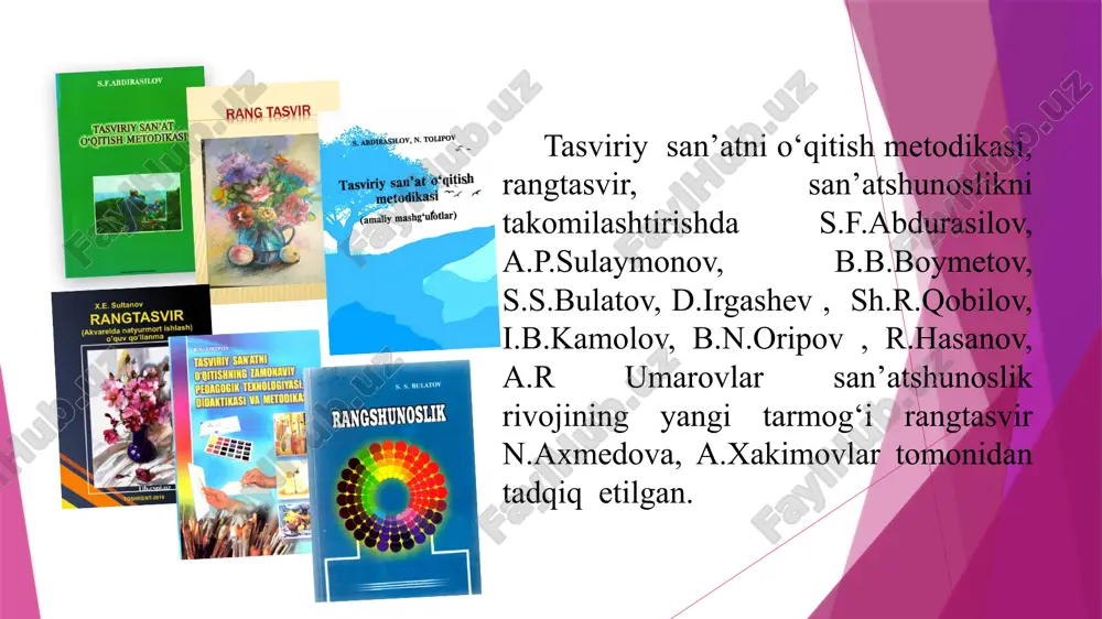 riy qismlarini umumlashtirib, amaliyotda samarali natijalar bergan o'qitish metodlarini taqdim etadi. metodika, asosan, pedagogika, psixologiya, estetika va san’atshunoslikning tadqiqot natijalariga asoslanadi. u tasviriy san’atni o‘rgatish qonun qoidalarini ta’riflab beradi, kelajak avlodni tarbiyalashning zamonaviy metodlarini belgilaydi. amaliy metodika, ta’lim va tarbiyaning rivojlanish jarayonini o‘rganadi. pedagogik mahorat ko‘nikmalarini o'rganish uni egallashga qaratilgan ma’lum iste’dod, qobiliyatlar va ishtiyoqlar (moyilliklar) mavjud bo’lishini talab etadi, chunki metodika fani san’at pedagogikasining mashaqqatli murakkab va juda mas’uliyatli sohasidir. tasviriy san’at metodikasi metodika fanining boshqa sohalari kabi umumiy va xususiy turlarga ajratiladi. umumiy metodika - o‘quv fanning nazariy qismini asoslariga qarashli savollami va ko‘pchilik fanlarga tegishli o‘qitish usul va uslublarini qotlanishlarini ko‘rib chiqadi. bular quyidagilar: tasviriy san’at fanining maqsad va vazifaiari; tasviriy san’at fani dasturlarining tuzilishi va mazmuni; o'qitishning tashkiliy shakllari va metodlarini ishlab chiqish; ko'rgazmali metodik vositalami tadqiq qilish va tanlash (o‘quv ko‘rgazmali qurollar va texnik vositalari); tasviriy san’atning boshqa fanlar bilan bog’liqligi (adabiyot, musiqa, biologiya, tarix); …
