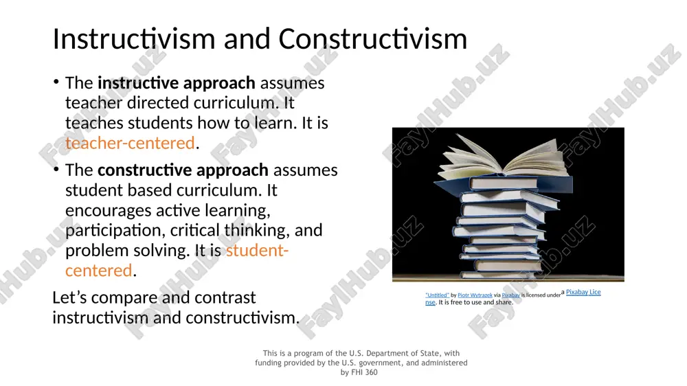 resses every student's needs as they progress encourages student collaboration and group work creates an active learning community focuses on principles of constructivist theory. “untitled” by stocksnap via pixabay is licensed under a pixabay license. it is free to use and share. this is a program of the u.s. department of state, with funding provided by the u.s. government, and administered by fhi 360 why learner-centered? access: learners access information and resources to orient themselves in the world. voice: leaners express ideas and opinions with the confidence they need to be heard. action: learners solve problems, make decisions, and act independently. a bridge to the future: learners prepare to be adaptable to the world as it changes. (stein, 2000) this is a program of the u.s. department of state, with funding provided by the u.s. government, and administered by fhi 360 why learner-centered? richard & bohlke (2011) also describe the …