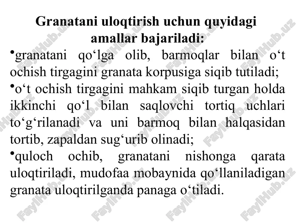 uchun bo‘rtmalar; 3-qo‘yib yuboruvchi richag sanchqisi uchun o‘yma 4-turuvchi shaybasi qo‘yib yuboruvchi richag 1-sanchqi; 2-saqlovchi tortqi uchun halqali teshik saqlovchi tortqi halqasi bilan birgalikda zapalni burab o‘rnatish va saqlovchi tortqini sug‘urish granatani bir joyda tik turgan holatda uloqtirish usuli a, b, v. g – harakatlar davomiyligi granatani tank (o‘ziyurar artilleriya qurilmasi)dan uloqtirish uchun quyidagi amallar bajariladi: — o‘qlovchi hozirlangan granatani o‘ng qo‘lga olib, nishon tomonga buriladi va saqlovchi tortqini sug‘uradi; — tuynuk qopqog‘ini turtib, uning dastasidan tutib turadi; — tuynuk qopqog‘ini ochib, granatani tuynuk orqali uloqtiradi va tuynuk qopqog‘ini zudlik bilan yopib, qulflaydi. granatani binoning deraza va eshiklariga uloqtirish mobaynida ularga aniq tegishi talab etiladi, shuning uchun granata traektoriyasi nishonga to‘g‘ri yo‘naltirilgan bo‘lishi lozim. granatalarni deraza va eshiklarga aniq tegishiga muntazam va davomli mashqlar bilan erishiladi. granata uloqtirayotgan shaxs granatani uloqtirgach yashirinishi lozim, aks holda nishonga tegmay portlagan granata parchalari bilan o‘zi yaralanishi mumkin. agar granata uloqtirilmagan va zapalidan saqlovchi …
