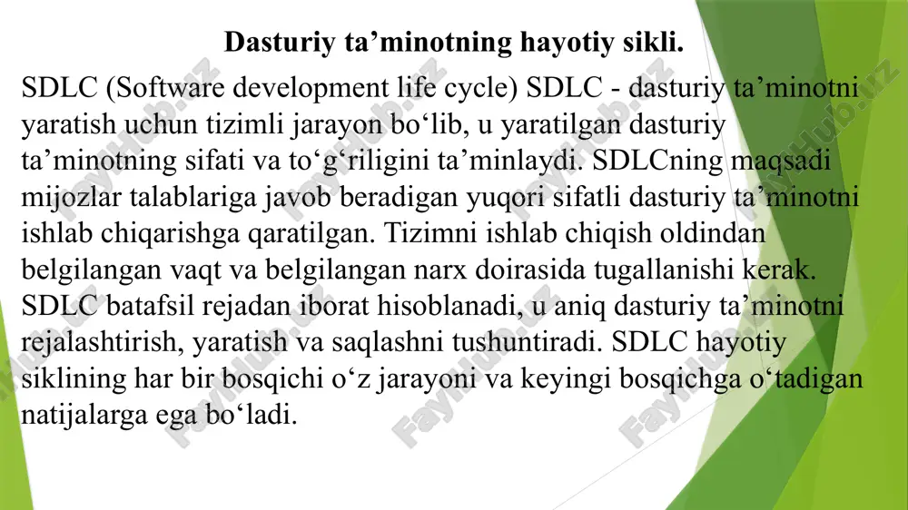 gan butun dasturning funksionalligini sinab ko‘rishni boshlaydi. bu butun dastur mijoz talabiga muvofiq ishlashini tekshirish uchun amalga oshiriladi. ushbu bosqichda qa va sinov guruhi ishlab chiquvchilarga (dasturchilarga) xabar beradigan ba’zi xatolar/nuqsonlarni topishi mumkin. ishlab chiqish guruhi xatoni tuzatadi va qayta sinovdan o‘tkazish uchun qaga yuboradi. bu jarayon yaratilgan dastur xatosiz, barqaror va ushbu tizimning biznes ehtiyojlariga muvofiq ishlamaguncha davom etadi. 6-bosqich: o‘rnatish/joylashtirish. dasturni sinovdan o‘tkazish bosqichi tugagach va tizimda hech qanday xato qolmaganidan so‘ng, yakuniy joylashtirish jarayoni boshlanadi. loyiha menejeri tomonidan berilgan fikr-mulohazalar asosida yakuniy dastur versiyasi joylashtirish bilan bog‘liq muammolar tekshiriladi. agar desktop dastur yaratilgan bo‘lsa mijozning qurilmasiga o‘rnatib beriladi. agar yaratilgan dastur internetda ishlaydigan bo‘lsa server (hosting)ga joylashtiriladi va mijozga topshiriladi. ushbu bosqichda ishlab chiquvchi dasturchilarning shartnomaga doir ishlari yakunlangani belgilanadi. va agar mijoz ishlab chiquvchiga yangi o‘zgartirshlar uchun xizmat qilishni taklif qilsa keyingi bosqich ham ishlab chiquvchiga tegishli hisoblanadi. 7-bosqich: texnik xizmat ko‘rsatish. yaratilgan dastur o‘rnatilgach va …