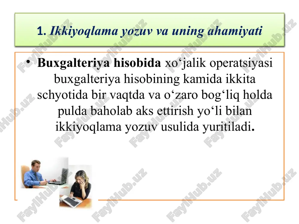 limlarni o'z ichiga oladi. 3. balans va schyotlarning o'zaro bohliqligi passiv schyotlar passiv schyotlar buxgalteriya balansining passiv tomonida aks ettiriladi. masalan: bankdan olingan qisqa muddatli kreditlar yoki mol etkazib beruvchilar bilan hisob kitoblar passiv schyotlar 21-son bhmsdagi: 6,7,8,9 bo'limlarni o'z ichiga oladi. 3. balans va schyotlarning o'zaro bohliqligi 21-bhms i qism. uzoq muddatli aktivlar ii qism. joriy aktivlar iii qism. majburiyatlar 21-bhms iv qism. xususiy kapital v qism. moliyaviy natijalarning shakllanishi va ishlatilishi vi qism. balansdan tashqari schyotla egamberdiyeva s.r. moliyaviy va boshqaruv hisobi. o’quv qo’llanma. –t.: fan va texnologiya, 2019. 289 b. karimov a., muqumov z, tulayev m., kurbanbayev j., raxmonov sh. buxgalteriya hisobining axborot tizimlari. o’quv qo’llanma. –t.: iqtisod-moliya, 2018. –194 b. kuljonov o., xusinov i., jumanazarov s. buxgalteriya hisobi nazariyasi. o’quv qo’llanma. –t.: iqtisod-moliya, 2018. –237 b. norbekov d., misirov k., tashmanov g’. moliyaviy va boshqaruv hisobi. o’quv qo’llanma. –t.: iqtisod-moliya, 2018. –194 b. xasanov b., g’aniyev …