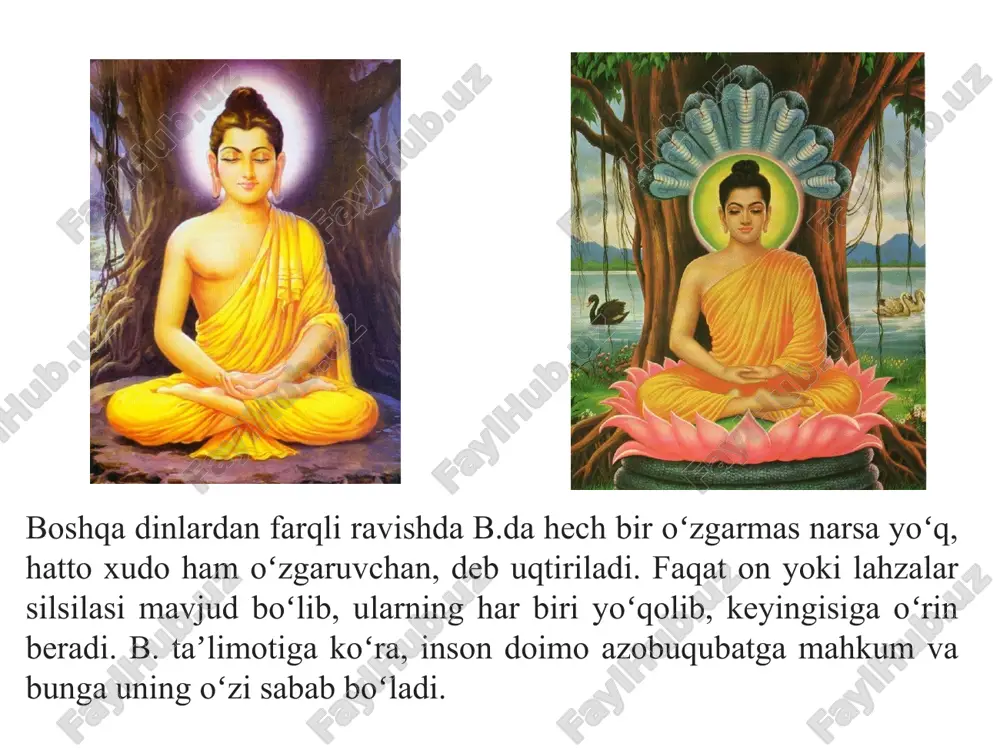 quyidagicha: siddxardxa - shaxsiy ismi, gautama - urug‘ ismi, shakyamuni - shaklar yoki shakiya qabilasidan chiqqan donishmand, budda - nurlangan, tadxagata - shunday qilib, shunday ketgan, djina - g‘olib, bxagavan - tantana qiluvchi. bu ismlar ichida eng mashhuri budda ismi bo‘lib, uning ismidan dinga buddaviylik nomi berilgan. buddaviylarning eng qadimgi to'plami buddistlikda tripitaka (sanskrit tilida "uchta savat", "tipitaka" ning pali) buddistlarning eng qadimgi to'plamidir. bu tarixiy buddaning so'zlari bo'lishning eng kuchli da'vosiga ega bo'lgan matnlarni o'z ichiga oladi. tripitaka matnlari uchta asosiy bo'limga ajratilgan: monaxlar va rohibalar uchun kommunal hayot qoidalarini o'z ichiga olgan vinaya-pitaka; sutra-pitaka, buddaning va yuqori martabali shogirdlarning va'zlari; va buddist tushunchalari talqini va tahlillarini o'z ichiga olgan abhidharma-pitaka. ushbu oyatlar asl nusxaga to'g'ri keladimi? aniq javob, biz bilmaymiz. pali va xitoy tripitakasni taqqoslash ko'plab farqlarni keltirib chiqaradi. ba'zi tegishli matnlar hech bo'lmaganda bir-biriga juda o'xshash, ammo ba'zilari sezilarli darajada farq qiladi. pali canon boshqa hech bir …