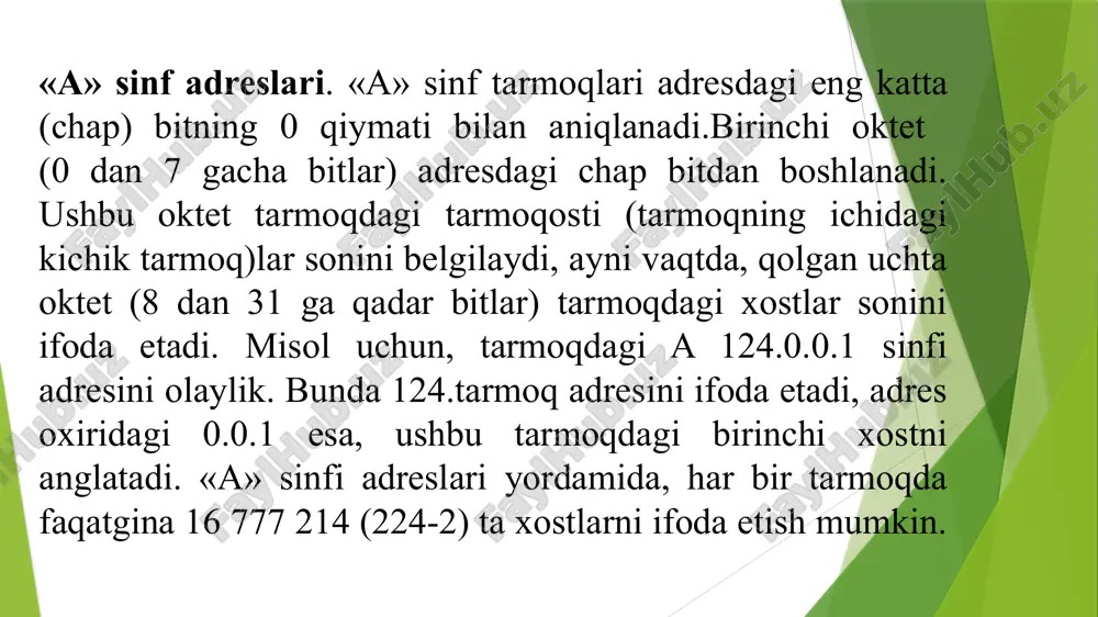 ncha, ipv6 sarlavhani tekshirish summasini olib tashlaydi. 6. ipv4-da asosiy sarlavha sarlavha uzunligi uchun maydonni o'z ichiga olmaydi va 16-bitli foydali yuk maydoni uni ipv6 sarlavhasida o'zgartiradi. 7. ipv4-dagi parametr maydonlari ipv6-da kengaytma sarlavhasi sifatida ishlatiladi. 8. ipv4-da yashash vaqti maydoni ipv6-da hop chegarasi deb ataladi. 9. ipv4-da joylashgan sarlavha uzunligi maydoni ipv6-da o'chiriladi, chunki sarlavha uzunligi ushbu versiyada o'rnatiladi. 10.ipv4 paketlarni kerakli kompyuterlarga uzatish uchun radioeshittirishdan foydalanadi, ipv6 esa multicasting va anycasting-dan foydalanadi. 11.ipv6 autentifikatsiya va shifrlashni ta'minlaydi, ammo ipv4 uni ta'minlamaydi. mobil aloqa dunyosida ko’p narsa hisoblidir: 1g (ingl. «first generation»- birinchi avlod) – bu analog aloqa tizimlari (nmt, amps standartlari); ikkinchi avlod - 2g, kanallar kommutatsiyalanishi asosida ishlaydigan raqamli aloqa tizimlari (gsm, damps va sdmaone standartlari); uchinchi avlod - 3g, kanallar kommutatsiyalanishi bilan birga paketlar kommutatsiyalanishini ham ko’zda tutadi (umts va cdma-2000 standartlari); va, nihoyat, to’rtinchi avlod - 4g tarmoqlari to’liq paketli ip- kommutatsiya asosida quriladi (lte …