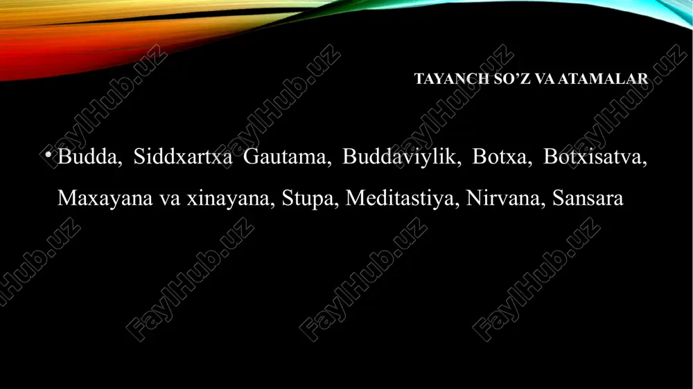 to‘la tugatishdir. to‘rtinchi haqiqat - qiynoqlardan qutilish yo‘li mavjuddir. bu yo‘l - “sakkizta narsaga amal qilish, to‘g‘ri tushunish, to‘g‘ri harakat qilish, to‘g‘ri muomalada bo‘lish, fikrni to‘g‘ri jamlash”. bu yo‘ldan borgan inson budda yo‘lini tutadi. bu sakkiz narsaga amal qilish meditastiya deb nomlanadi. buddaviylik ta’limoti asosan uch qismdan iborat: meditastiya, axloq normalari, donishmandlik. 1. meditastiya deganda quyidagilar tushuniladi: to‘g‘ri tushunish (e’tiqod qilish) – buddaning birinchi da’vatida yuritilgan so‘z to‘rt haqiqatni bilish va unga ishonish; to‘g‘ri niyat qilish – dunyoviy lazzat-halovatlardan xalos bo‘lishga, keraksiz fikrlar va boshqalarga zarar etkazib qo‘yishdan saqlanishga intilish; to‘g‘ri o‘zini tutish – o‘zingniki bo‘lmagan narsani olmaslik, ortiqcha hissiyotga berilmaslik; to‘g‘ri anglash – o‘z tanasi va ruhiga o‘zini yo‘qotib qo‘ymaydigan darajada nazoratda bo‘lish hamda bunda ehtiroslar va iztiroblarga chek qo‘yish; to‘g‘ri harakat qilish – o‘zidagi yomon tuyg‘ularni jilovlash hamda ezgu tuyg‘ular va harakatlarni rivojlantirish; to‘g‘ri hayot kechirish – noma’qul hayot tarzidan saqlanish; to‘g‘ri fikr yuritish – kamolotning to‘rt bosqichini …