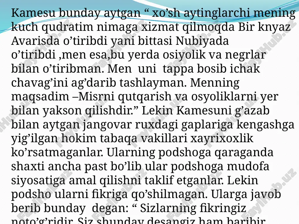 ett podsholigi o’rtasida tinchlik shartnomasi tuziladi. misr qo’l ostida falastin, finikiyaning katta qismi va janubiy suriyaning ozroq qismi qoldi; bu mamlakatlarning shimolidagi barcha hududlar xettlarning mulki hisoblandi. tinchlik shartnomasi bilan birga o’zaro yordam majburiyati bilan ittifoq tuzildi. ramzes ii va xattusilining qizlaridan biri bilan nikoh o’qitildi. nil daryosining sharqiy qismida ramzes ii yangi poytaxt per-ramzes shahrini qurdi. ramzes ii taxminan 87 yil yashadi. uzoq vaqt uning katta o’g’illaridan biri memfis xudosi ptaxning bosh kohini xaemuas voris bo’ldi, lekin u otasini o’limigacha yashamadi. natijada ramzes ii ni o’n uchinchi o’g’li merneptax (er. avv. 1224-1214-yillar) taxtga chiqdi. bu fir’avnning vafotidan keyin misr davlat hokimiyatining zaiflashuv jarayoni boshlandi ramzes iii (er. avv. 1190-1159-yillar) yangi podsholik davrining so’ngi taniqli hukmdori edi. ramzes ii hukmronligi uzoq davom etgan. bu davrda misr davlati va madaniyati gullab yashnagan: uning merosxo’rlari davrida ichki va tashqi siyosatda kuchli ziddiyatlar yuzaga kelgan. xix sulolaning oxirgi to’rt vakili davrida markaziy hokimiyat …