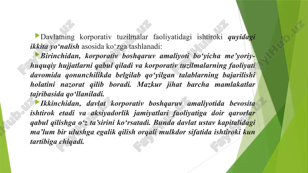 rida davlat boshqaruvini saqlab qolish vositasi bo‘lib, davlat vakilining alohida huquqlarga ega bo‘lishini ta’minlaydi. oltin aksiya davlat tomonidan kompani- yalarni moliyalashtirish va daromad olish vositasi hisoblanmaydi. bu jihat o‘z-o‘zidan oltin aksiyaning sotilmasligini ifodalaydi. bunda kompaniya aksiyalarining ma’lum paketiga ega sifatida davlat vakili aksiyadorlar umumiy yig‘ilishida, kuzatuv kengashida hal qiluvchi ovozga ega bo‘ladi. mazkur jihat o‘z navbatida mamlakat iqtisodiyoti va jamiyat manfaatlarini himoya qilishga xizmat qiladi. oltin aksiya amaliyoti xorijiy mamlakatlar amaliyotida keng qo‘llanilmoqda va bu amaliyot o‘zining ijobiy samarasini berib kelmoqda. oltin aksiya amaliyotini qo‘llash nazariy jihatdan davlat vakilining korporativ tuzilmada strategik muhim qarorlarni ishlab chiqishda va qabul qilishda ishtirok etish, tashkilot faoliyatini, uning rentabellik ko‘rsatkichlarini va o‘sish sur’atlarini nazorat qilib borish kabilarni nazarda tutadi. oltin aksiyaning xorijiy davlatlarda qo‘llanilishi korxonalarni rivojlantirishni boshqarib borishda ishonchli vosita sifatida yuzaga chiqdi. bu amaliyot o‘tish iqtisodiyoti mamlakatlarida keng qo‘llanilib kelinayotganligiga qaramasdan, evropa mamlakatlarida ham kuzatilishini alohida ta’kidlash lozim. umuman oltin aksiya amaliyotining asoschisi …