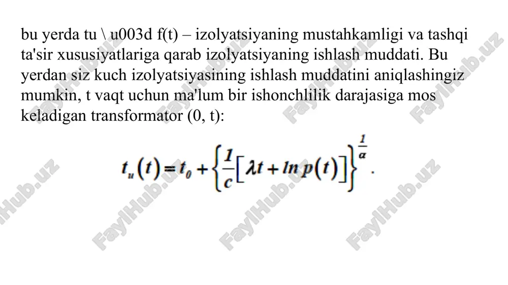 chulg‘amlarida haroratning o’zgarishi rasmda berilgan bu yerda g, ε – issiqlik diagrammasidan olingan koeffitsientlar transformatorlar uchun; t-pue tavsiyalari bo'yicha qabul qilingan koeffitsient: m d= 0,8 sovutish tizimiga ega transformatorlar uchun m, dts sovutish tizimiga ega transformatorlar uchun d= 0,9, dts va c sovutish tizimiga ega transformatorlar uchun d =1 i-tahlil qilinayotgan rejimda transformator toki; itr.nom. - transformatorning nominal toki. ushbu (4.37) formuladagi ortiqcha harorat farqini (t2-t1) aniqlaydi. yog‘ning qizish harorati undagi quvvat yo'qotishlariga bog'liq bo’ladi: bu yerda: δp-transformatordagi quvvat yo'qotishlari. quvvat transformatori uchun past elektr energiyasining sifatida quvvatni hisobga olgan holda quvvat yo'qotilishi quyidagicha aniqlanadi: nominal yo'qotishlar ulushlarida energiya sifatining pastligi natijasida yuzaga keladigan qo'shimcha qisqa tutashuv quvvat yo'qotishlari quyidagi ifoda bilan aniqlanadi bu yerda: n-yuqori garmonika raqami k21, k01, ki –mos ravishda n-garmonika tokening nol va teskari ketma-ketlik nosimmetriyalik koefitsientlari elektr energiyasi sifati pastligidan kelib chiqadigan qo'shimcha salt ishlash yo'qotishlari nominal yo'qotishlarning ulushlarida quyidagi formula bo'yicha topiladi: bu yerda …