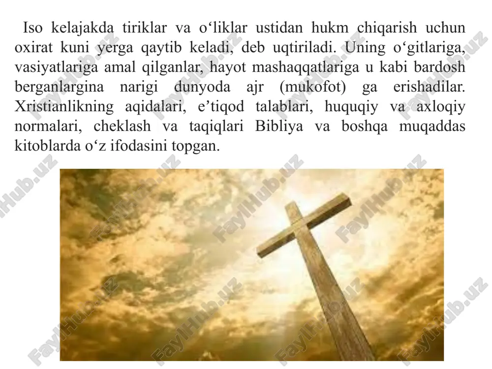 o’zidan olingan bo’lib, ”silangan” yoki “siylangan” ma’nolarini beradi. grekchada bu so’z “xristos” (“christos”) shakliga ega. bu dinning “xristianlik” yoki “masihiylik” deb atalishi ham shu so’zlar bilan bog’liq. bundan tashqari xristianlik iso masihning tug’ilgan qishlog’i “nazaret” bilan bog’lab, nazroniya deb ham atalgan. keyinchalik bu nom nasroniya, nasroniylik shaklini olgan. iso masih o’z ta’limotini o’zining 12 o’quvchisi apostollar – havoriylarga o’rgatdi. ular esa isoning vafotidan keyin ustozlarining talimotlarini har birlari alohida-alohida tarzda kitob shakliga keltirdilar. bu kitoblar bibliyaning “yangi ahd” qismini tashkil etadi. 13 bibliya. bibliya, yaxudiylik va xristianlik dinlari ta’limotiga ko’ra, u xudo tomonidan nozil qilingan, asosiy diniy aqida va axloq qonunlarini o’zida jamlagan muqaddas kitoblar majmuasidir. uning tarkibiga kirgan yaxudiy diniga talluqli kitoblar ‘qadimiy axd” deb, xristian talimotiga tegishli kitoblar “yangi axd” deb nomlanadi. yaxudiy va xristian bibliyalari bir-biriga mos kelmaydi. yaxudiylarning muqaddas kitobi qadimiy isroil va qadimiy yaxudiylarning diniy ta’limot va urf-odatlari asosida eramizdan avvalgi xiii asrda yozilgan bo’lsa, …