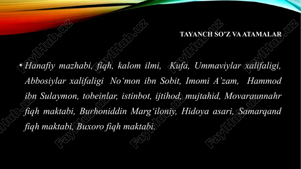 abi risolalar yozgan bo‘lsa ham, o‘z shogirdlari va o‘g‘illarini ushbu yo‘lga o‘tishdan qaytarardi. ibn bazzoziy yozishicha, imom keksalik chog‘larida o‘g‘li hammodni kalom mavzui bo‘yicha munozarada ko‘rganda: "bizlar munozara qilgan paytlarda, bizni suhbatdoshimizning haq va to‘g‘ri yo‘ldan chiqishlari qo‘rqitardi, lekin sizlar esa munozara chog‘ida suhbatdoshingiz haq yo‘lidan chiqishini istaysizlar. har kim o‘z suhbatdoshini haq yo‘ldan og‘dirmoqchi bo‘lsa, uni kufr tomonga yo‘llaydi, lekin uning o‘zi suhbatdoshidan oldinroq kufr yo‘liga o‘tgan bo‘ladi", degan edi. abu hanifaning ustozlari va zamondoshlari. abu hanifa fiqh ilmini kimdan o‘rgangani haqida "men ilm va fiqh koni bo‘lgan joyda yashab, uning ahli bilan uchrashib, faqihlar jumlasidan birini tanlab oldim", degan edi. imom abu zahra uning ushbu qisqa so‘zidan bunday xulosa chiqargan: imomning hikmatli so‘zidan quyidagi uch narsani anglab olish mumkin: ilm o‘rganuvchi, ilmiy muhitda yashab, uning xidini sezib tursa, olimlar bilan uchrashib o‘z davrining turli fikriy yo‘nalishlari bilan muloqotda bo‘lsa, shuningdek, fan sohasida unga fanning nozik tomonlarini ko‘rsatib, yashirin …