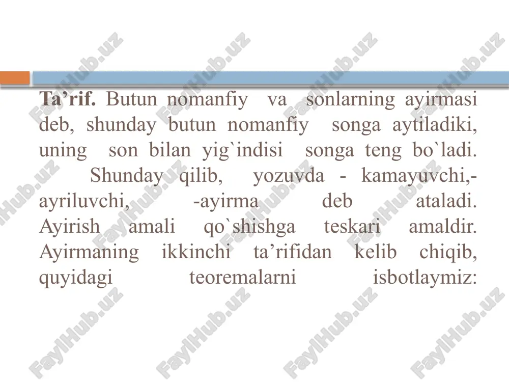 x. demak, a : c - b : c = (a - b): c. o`z-o`zini nazorat qilish uchun savollar nomanfiy butun sonlar ayirmasi ta’rifi qanday? ayirma qaysi holda mavjud bo`ladi? ayirmaga yig`indi orqali ta’rif bering. /docprops/thumbnail.jpeg