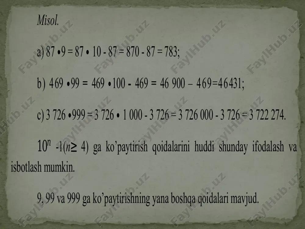 ni 1000 gacha to’ldiramiz: 1 000-453 = 547; 3) avvalgi natijaga to’ldiruvchini qo’shib qo’yamiz va javobga ega bo’lamiz: 2 453 ∙ 999 - 2 450 547. 10 𝑛 - 1 (n ≥ 4) ga ko’paytirish qoidalarini huddi shunday ifodalash va isbotlash mumkin. 5-qoida. 98 (97, 96) ga ko’paytirish. sonni 98 (97, 96) ga ko’paytirish uchun, uni yuzga ko’paytirish va hosil bo’lgan natijadan sonni ikkilanganini (uchlanganini,to’rtlanganini) ayiramiz. isbot. a — berilgan son bo’lsin. a ∙ 100 - 2 ∙ a ifodasi, qoidaga asoslanib sodda, a ∙ 98 shakliga ega bo’ladi. shu kabi: a ∙100 - 3 ∙ a = a (100 - 3) = a ∙97; a∙ 100-4 ∙ a =a(100-4) = a ∙ 96. demak, a ∙ 98 = a ∙100-2 ∙ a, a ∙ 97 = a ∙ 100-3a, a∙96 = a ∙ 100 - 4a. shuni isbotlash talab qilingan edi. misol, a) 523 ∙ 98 = 523 ∙ …