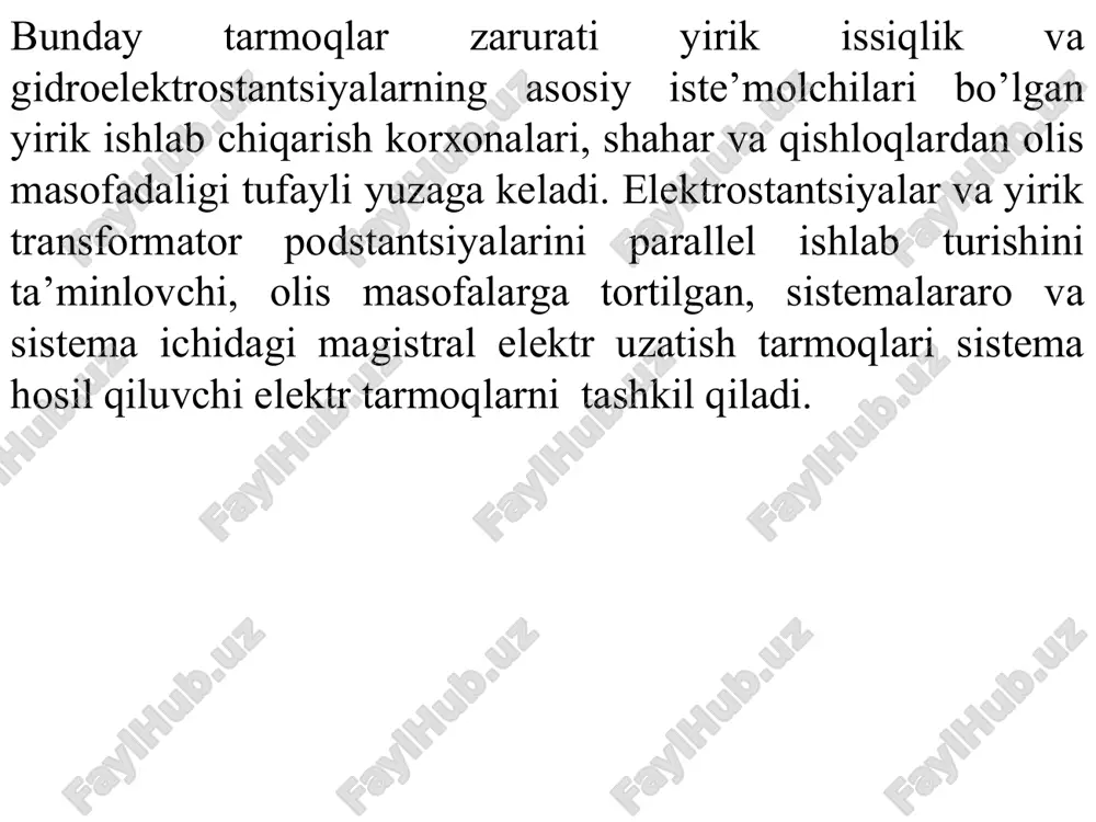 r sxemalarida yuklama uzellari elektr energiyasini bitta ta’minot markazidan oladi (tm) (3.1-rasm). bunda bir zanjirli tarmoqqa faqat bitta yuklama uzeli (3.1,a-rasm) yoki bir necha yuklama uzeli ulanishi mumkin (3.1,b-rasm).. liniya tarmoqlangan bo’lishi mumkin (3.1,v-rasm). 6,10,35 kvli taqsimlovchi tarmoqlarda ta’minot markazi (tm), bevosita yuklama uzellariga liniyalari ketgan, taqsimlovchi punktlarga (tp) ulangan bo’lishi mumkin (3.1, g-rasm). tm va tp orasida ikki tarmoq yotqizilgan bo’lishi mumkin. bunda elektr tarmoq qisman rezervlangan tarmoqqa aylanadi (3.1, d -rasm). 1-rasm. radial tarmoqlar konfiguratsiyasining variantlari: a, b– bir yuklama uzelli, bir chiziqli et; g, e – oraliq taqsimlash punktli et yopiq tarmoqlar konfiguratsiyasi variantlari: a – bir tm dan ta’minlanuvchi bir zanjirli; b –ikki tm dan ta’minlanuvchi bir zanjirli tarmoq; g – ikki tm dan ta’minlanuvchi ikki zanjirli; elektr tarmoqlar konfiguratsiyasi podstantsiyani ulanish sxemasini tanlashga asos bo’ladi. radial elektr tarmoqlarda bitta liniyaga bitta podstantsiya ulanishi mumkin (3.3, a-rasm), bir necha podstantsiyalar bo’laklanib ulanishi mumkin (3.3, b-rasm), yoki …