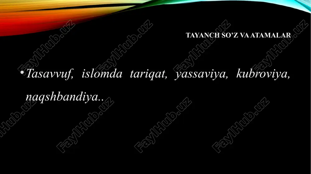 qiyofasini boʻrttirib aks ettirishga bagʻishlangan manoqiblarda, ularning karomatlariga katta oʻrin ajratilishi. islomda avliyolar kultining shakllanishi. sufiylar homiylar tomonidan barpo etilgan maxsus xonaqo, rabot va zoviyalarda yashab oʻziga xos turmush tarzini kechirishi. har bir tariqat uchun xos boʻlgan zikr duolari, virdlar, ularning davomiyligi va vaqtlari, zikr turlari – jahriy va xafiy, samo, hadralarni oʻz shayxlari koʻrsatib bergan tartibda amalga oshirilishi. tariqatlarning tashqi qiyofalariga koʻra farqlanishi. tashqi koʻrinishda ajralib turadigan maxsus liboslar: tannura, kuloh, abo, xirqa, muraqqa', kamar; maxsus turar joylar: tak'ya, rabot, zoviya, xonaqoh; maxsus ashyolar: tugʻ, bayroq, poʻstin, muttako, gul va boshqa unsurlar joriy qilinishi. ba'zi tariqatlarning turli xil marosim va moddiy unsurlargakoʻproqahamiyat berib, tariqat va tasavvufning asl gʻoyasidan uzoqlashishi. tariqatlarda pir-murid munosabatlari evolyusiyasi. tasavvufda pir-murid munosabatlarida ikki alohida e'tiborga molik holatning kuzatilishi: biri – murid oʻz ma'naviy kamoloti uchun mas'ul boʻlgan pir huzurida saboq olishi va ta'limini yakunlagach, unga xirqai iroda berilishi; ikkinchisi – murid pir huzurida qisqaroq vaqt …