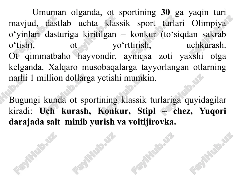 ma tarbiyalanishiga yo‘l qo‘ymaslik kerak. stipl – chez va uch kurash musobaqalari uchun ot yetishtirishda sof qonli angliya salt miniluvchi zotidan tashqari ularning duragaylaridan ham keng foydalanish tavsiya etiladi. arab, axaltaka va ularning sof qonli angliya salt miniluvchi zotidan bo‘lgan duragaylari konkur o‘yinlari talabiga to‘liq javob beradi. voltijirovka - ot ustida gimnastik mashqlarni bajarish voltijirovka - ot ustida gimnastik mashqlarni bajarish e’tiboringiz uchun raxmat!!! image1.png media1.mp4 image2.png image3.png image4.png image5.png media2.mp4 image6.png image7.png image8.png image9.png media3.mp4 image10.png media4.mp4 image11.png media5.mp4 image12.png media6.mp4 image13.png image14.png media7.mp4 image15.png media8.mp4 image16.png media9.mp4 image17.png image18.jpeg image19.jpeg ot sporti /docprops/thumbnail.jpeg