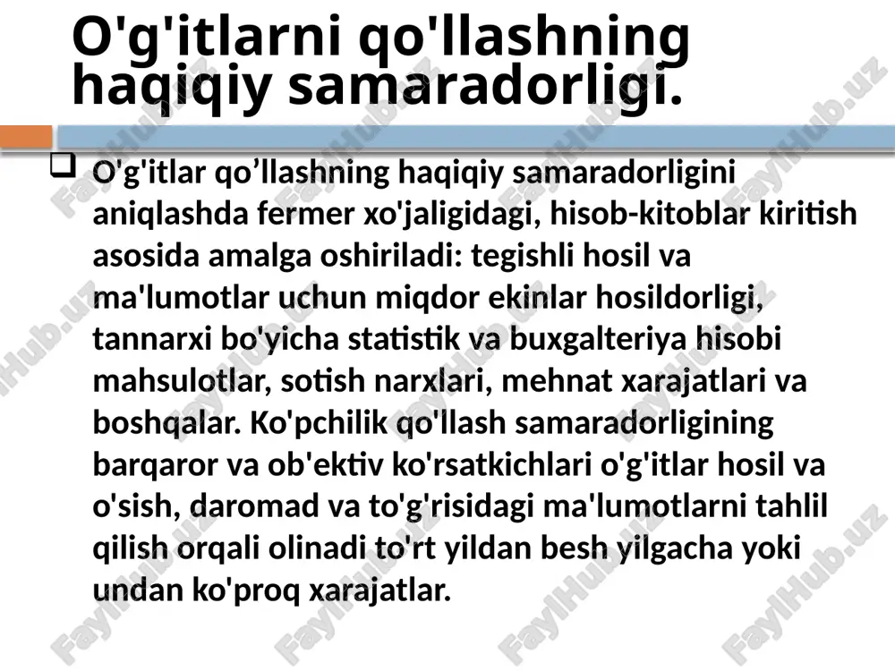 lotlarning tannarxi, sum; a - qushimcha hosildorlikka erishish uchun o'g'itlardan foydalanish bilan bog'liq xarajatlar miqdori, sum 3. mineral o’g’itlardan foydalanish hisobiga olingan sof daromadni aniqlash natsionalniy universitet uzbekistana, 2021 4. o’g’itni qo'llash rentabelligi 1 yil yoki butun amal davri uchun keyingi ta'sirlarni hisobga olib belgilanadi: bu erda p - rentabellik, %; (c + c) - o'g'itlardan foydalanish natijasida asosiy va qo'shimcha mahsulotlar qo'shimcha olish uchun xarajatlar; ꜫ (c + c) - o'g'itlarni butun amal qilish muddati uchun hosilni oshirish xarajatlari; ꜫ a - o'g'itlardan foydalanish bilan bog'liq umumiy xarajatlar. natsionalniy universitet uzbekistana, 2021 natsionalniy universitet uzbekistana, 2021 natsionalniy universitet uzbekistana, 2021 o'zbekiston milliy universiteti, 2020 o'g'it qo'llashning iqtisodiy samaradorligi har qanday agrotadbirning iqtisodiy samaradorligi uni ma'lum ishlab chiqarish sharoitida qo'llanilganda olingan daromad bilan aniqlanadi. kaliyli o'g'itni qo'llash muddatlaridan azot va fosfor fonida olingan to'g'ridan-to'g'ri ko'rsatkich bu rentabellik darajasidir. o'g'itlarni qo'llashdan olinadigan daromad masalasi p.v.protasov [98; 78-82 -b.] tomonidan ishlab chiqilgan …