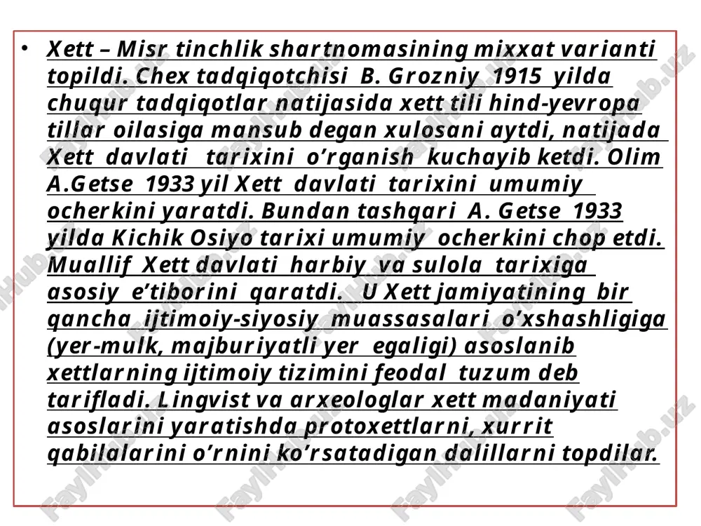 malika o’z unvonini yangi podsho hukmdorligi vaqti ham saqlab qolgan. yangi podshoning rafiqasi malika bo’lish uchun, sobiq podshoni bevasi malikani o’limini kutib turgan. anitta vafotidan keyin er. avv. xvii asr oxirida boshqa xett urug’i hokimiyat tepasiga keladi. xett davlatining asoschilarining birlashtiruvchi siyosatini istilochi va islohotchi podsho labarna ( yoki tabarna) ( er. avv. 1675-1650 yillar atrofida boshqargan) tugallaydi. u istilochilik yurishlarini davom ettirib tavr-tog’ tizmasining shimoliy qismini egallaydi va shimoliy qora dengizga chiqadi. xett davlati chegaralarini “dengizdan-dengizgacha” kengaytiradi. uning ichki va tashqi siyosati kuchli ta’sirlangan va tan bergan, keyingi vorislari labarna va uning rafiqasi tavannanna nomlarini o’zlariga unvon sifatida qabul qiladilar. labarna mavjud xett an’analariga zid ravishda o’g’li xattusilini o’z vorisi deb e’lon qiladi. xattusili i (er. avv. 1650-1625 yillar atrofida) poytaxtni xettlarning sobiq bosh markazi xattusiga ko’chiradi. (shu voqeadan keyin davlat rasmiy ravishda “xatti” zamonaviy fanda “xett” deb atala boshlandi.) uning vorisi mursili i (er. avv. 1625-1590 yillar atrofida) …