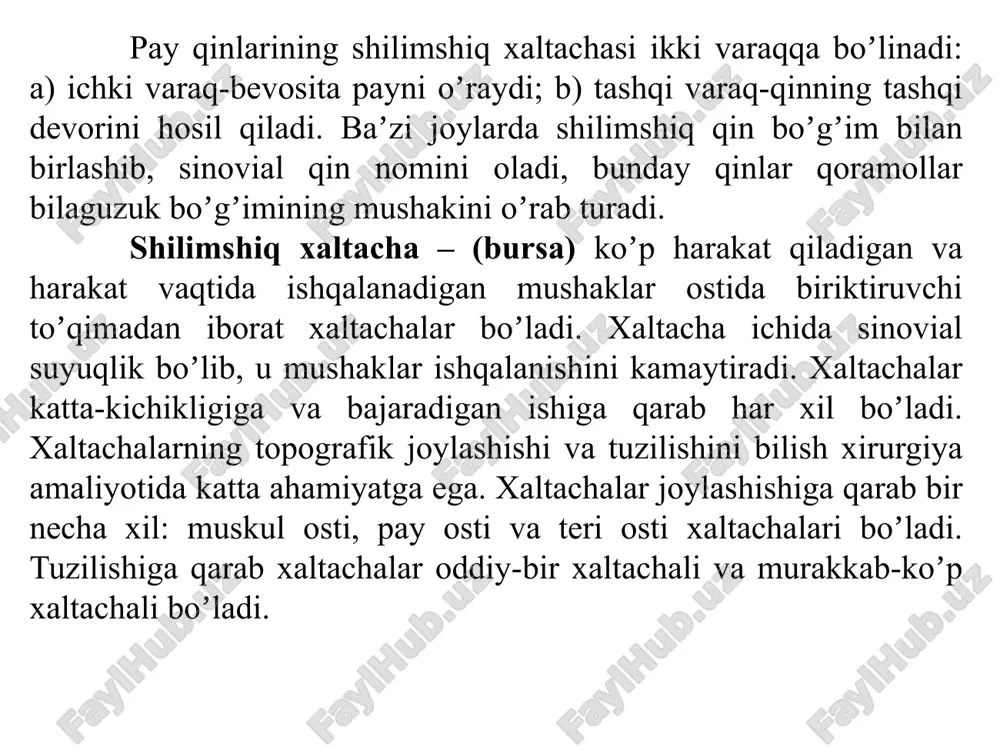 keyin 6 % li yod-vazogen bilan massaj qilinadi, paxta va bint bilan bogʼlanib hayvon ozroq yurgizib turiladi. paylarning yalligʼlanishi paylarning yalligʼlanishi – tendinit barcha turdagi hayvonlarda uchraydi, koʼproq ot va buqalarda kuzatiladi. koʼproq fleksor (bukuvchi)lar, kamroq ekstenzorlar (yozuvchi) paylar shikastlanadi. barmoqning bukuvchi paylari orasida koʼproq payning yalligʼlanishi chuqur bukuvchi paylarda 89,3 % boʼlsa, yuza bukuvchi paylarida esa 9,6 % ni tashkil etadi. otlarni bir yerda saqlab boqqanda, ularda oyoq kasalliklarining 1 % ini tendinitlar tashkil etadi. kechishiga qarab tendinitlar oʼtkir va surunkali kechadi. oʼtkir tendinitlar aseptik va yiringli, surunkali kechishda esa fibrozli va suyaklashuvchi boʼladi. paylardagi yalligʼlanish koʼpincha lat yeyishlar takrorlanib turganda, paylar choʼzilganda va qisman uzilganda, oyoqlarni notoʼgʼri qoʼyish oqibatida, paylarning kuchanishida, tuyoqlar notoʼgʼri oʼsganda va ularni notoʼgʼri kesganda kelib chiqadi. oʼtkir aseptik tendinit lat yeyishlarda, choʼzilish va qisilishlar oqibatida oʼtkir aseptik tendinitlar kelib chiqadi. bunda pay tolalari, yumshoq biriktiruvchi toʼqima va mayda qon tomirlari shikastlanib yalligʼlanish rivojlanadi. klinik …