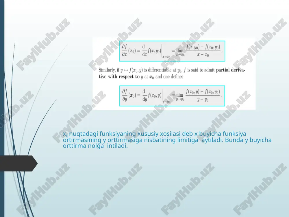 ilanadi: dz=a  x+v  u (*) bu yerda a, v lar doimiy sonlar , -lar esa x, u-larga nisbatan yuqori tartibli cheksiz kichik miqdorlar. tahrifdan ko'rinadiki, zlim y x    0 0 =0, yahni biror nuqta da funksiya differentsiallanuvchi bo'lsa, u shu nuqta da uzluksiz bo'lar ekan. m(x,u) nuqta da funksiya differentsiallanuvchi bo'lsin, yahni to’la orttirmani (1)-ko'rinishda yozish mumkin bo'lsin. 0x ,  u=0 deb faraz qilib, (1)-ni  x z=ax+(x,0)x (2) ko'rinishga keltiramiz. (2)-ni x0 ga bo'lib va x 0 limitga o'tsak x z   =a, yoki 0x lim x z x   =a . endi  x=0 va y0 deb faraz qilib, u z   =v ga ega bo'lamiz. yahni biror nuqta da funksiya differentsiallanuvchi bo'lsa, shu nuqta da u uzluksiz va xususiy hosilalarga ega bo'lar ekan. to’la differentsial y y z x x z dz      ko'rinishni …