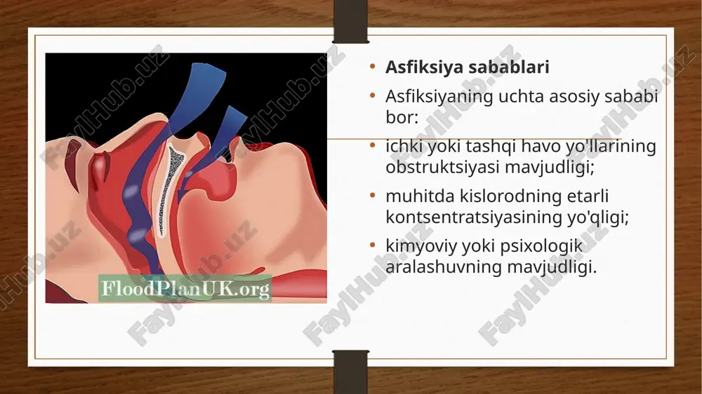 hini yo'qotishi va bronxial astma bilan og'rigan bola kabi bir daqiqadan kamroq vaqt ichida o'lishi mumkin. kimyoviy asfiksiyaga (masalan, uglerod oksidi bilan inhalatsiyaga) uchragan (professional sportchi yoki g'avvosni o'ylab ko'ring), balog'atga etgan, sog'lom odam, aksincha, hushini yo'qotishi va o'lishi uchun bir necha daqiqa vaqt ketishi mumkin. image5.png image6.png image7.jpg image8.jpg image9.jpg image10.jpeg image11.jpeg image3.png image4.png /docprops/thumbnail.jpeg