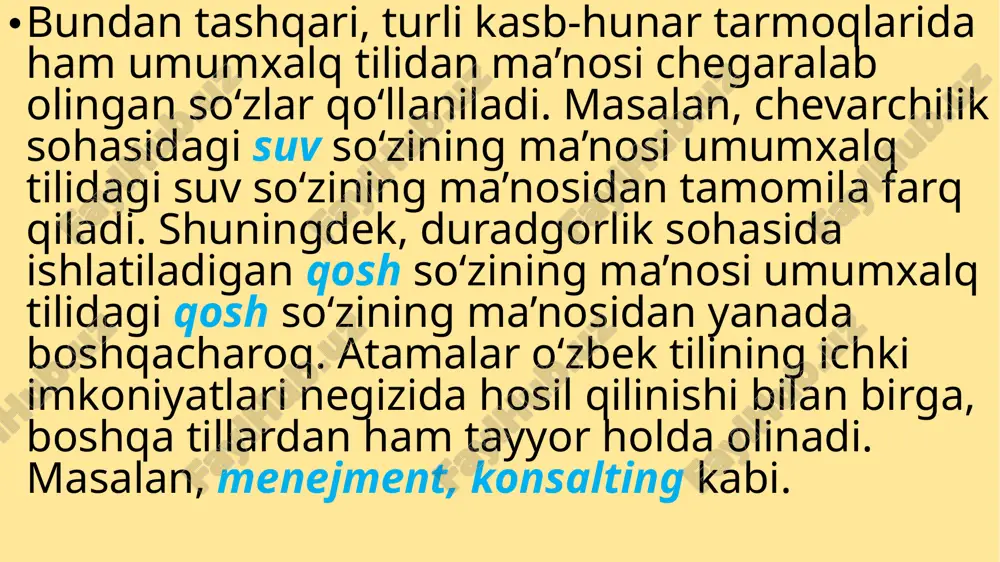 e, bog‘ini surishtirma. bog‘ga boqsang bog‘ bo‘ladi, botmon dahsar yog‘ bo‘ladi. (maqol) sh. rahmatullayev, n. mamatov, r. shukurovlarning «o‘zbek tili antonimlarining izohli lug‘ati» achchiq 1 ta’mi qalampirnikiga achchiq dori achchiq anor achchiq 2 kishining izzat-nafsiga tegadigan, xafa qiladigan achchiq so‘z , achchiq turmush shirin 1 ta’mi shakarnikiga o‘xshash o‘xshash shirinchuchuk dori chuchuk anor shirin 1 kishiga rohat bag’ishlaydigan, xursand qiladigan shirin so’z shirin turmush tildagi barcha so‘zlarning qanday ma’nolarni bildirishini tanishtiruvchi lug‘at izohli lug‘at hisoblanadi. bir tildagi so‘z ikkinchi tilda qanday so‘zga teng kelishini ko‘rsatuvchi lug‘at tarjima lug‘ati sanaladi. so‘zlarning to‘g‘ri yozilishini ko‘rsatuvchi lug‘atga imlo lug‘ati deyiladi. e’tiboringiz uchun rahmat! image1.jpg image2.jpeg image6.jpg image7.jpg image8.jpeg image9.jpg image10.jpg image11.jpg image12.jpg image13.jpg image14.jpg image15.jpg image16.jpg image17.jpg image18.jpg image19.jpg /docprops/thumbnail.jpeg