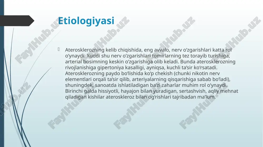 satsiyasi kamayishi, aortografiya, koronarografiya, arteriografiyada ateroskleroz tufayli tomir yo‘lining bekilib qolishi (okkluziya) hal qiluvchi rol o‘ynaydi. davolash yo‘llari quyidagicha: mehnatni to‘g‘ri tashkil qilish, sport, fizkultura mashg‘ulot­lari, yetarlicha jismoniy aktivlik, organizmni chiniqtirish kerak va boshqalar; chekishdan voz kechish, alkogolli ichimliklarni iste’mol qilmaslik; uyquni tartibga solish, yaxshi dam olish, oila va ishxonada normal psixologik sharoit yaratish va nerv sistemasiga ijobiy ta’sir qiladigan boshqa choralarni ko‘rish; ovqatlanishni normaga keltirish (ovqat ratsionida lipo­proteinlarga, to‘yingan yog‘ kislotalarga boy mahsulotlarni chegaralash). dori-darmonlar bilan davolash, asosan, lipid almashinuviga ta’sir etadi, xolesterinning ichakda so‘rilishini kamaytiradigan va sintezini sekinlashtiruvchi klofibrat (0,5 miskleron, atromid 20 kun, uch mahal, ovqatdan oldin ichishga beriladi). asoratlari va profilaktikasi asoratlari. miokard infarkti, kardioskleroz, yurak ritmining buzilishi, yurak yetishmovchiligi; insult (va uning oqibatlari); psixoz, buyrak yetishmovchiligi; ichak infarkti, qon ketishi, ichakning tutilib qolishi, oyoq barmoqlarining jonsizlanib qolishi va boshqa tromboembolik asoratlar. profilaktikasi.birlamchi ateroskleroz rivojlanishiga qarshi ko‘riladigan choralar; ikkilamchi aterosklerozning yanada avj olishini to‘xtatish va har …