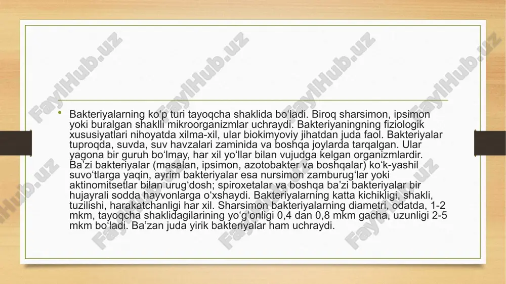 ko'payishi uchun garatilgan bo'lishi; ﻿4) parchalanish jarayonini sintez jarayonidan ustunligi; ﻿5) metobalizimda ekzo va endo fermentlarning bo'lishi. metabolitik jarayonda ikki xil almashinuv kuzatiladi: ﻿1) plastik (konstruktiv); ﻿a) anabolizm (energiya sarf bo'lishi bilan boradi); ﻿b) katabolizim (energiya ajralishi bilan boradi); ﻿2) energetik almashinuv (mezosomada nafas olishda kuzatiladi); ﻿a) nafas olish bijg'ish. oziq muhitlar mikrobiologik amaliyotda bakteriya yoki boshqa mikroorganizmlarni laboratoriya va ishlab chiqarish sharoitida ko' paytirish uchun qo'llaniladigan, turli tarkibli murakkab yoki oddiy birikmalardan tarkib topgan muhitga oziqli muhit deb ataladi. oziq muhitlar tarkibida oddiy va murakkab birikmalar tutadi, shu birikmalarda bakteriyalar laboratoriya sharoitida ko'paytirib olinadi. e’tiboringiz uchun rahmat image5.png image6.png image7.jpeg image8.png image9.jpeg image10.png image11.jpeg image12.jpeg image13.jpeg image14.jpeg image15.jpeg image3.png image4.png /docprops/thumbnail.jpeg
