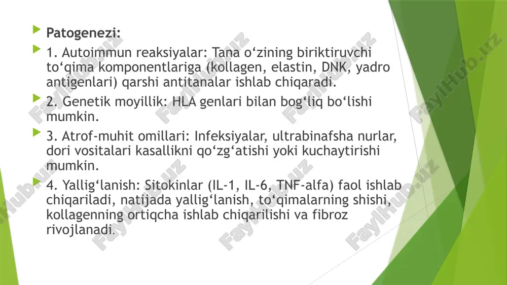 bartaraf etish; ortiqcha insolyatsiya va organizmning umumiy sovishini istisno qilish; har yili dispanser tekshiruvidan o‘tish. kollagenozlar — bu biriktiruvchi to‘qimalarning tizimli yallig‘lanish kasalliklari bo‘lib, asosan autoimmun mexanizmlar asosida rivojlanadi. ularga quyidagilar kiradi: qizil yuguruk (sle – sistemali qizil yuguruk) romatoid artrit sklerodermiya dermatomiozit/polimiozit aralash biriktiruvchi to‘qima kasalligi (mctd) foydalanilgan adabiyotlar “ichki kasalliklar propedevtikasi”, t.yo. to‘xtasinova va boshqalar – tibbiyot oliygohlarida o‘qitiladigan asosiy darslik, autoimmun kasalliklar haqida umumiy ma'lumot beradi. “revmatologiya” – s.a. ayvazyan, moskva – kollagenozlarning klinikasi, diagnostikasi va davolashiga bag‘ishlangan rus tilidagi keng qamrovli kitob. “ichki kasalliklar” (terapevtik qo‘llanma) – yuqori kurslar uchun mo‘ljallangan, tizimli qizil yuguruk, ra va sklerodermiya haqida bo‘limlar mavjud. ingliz tilidagi xalqaro qo‘llanmalar: kumar and clark’s clinical medicine kollagenozlar bo‘yicha asosiy tibbiy darsliklardan biri. har bir kasallik alohida tahlil qilinadi: patogenez, diagnostika, davolash. harrison's principles of internal medicine 20-nashr (oxirgilaridan biri), chapter 349–360 oralig‘i – autoimmun va tizimli kasalliklarga bag‘ishlangan. image1.jpeg image2.jpeg image3.jpeg image4.jpeg image5.jpeg …