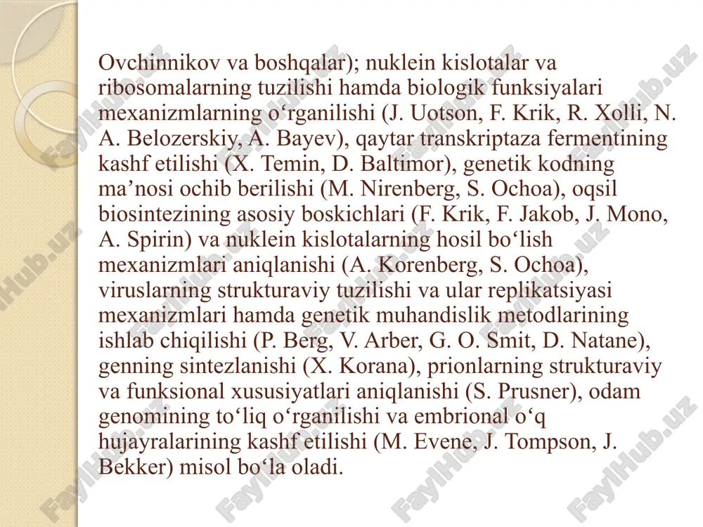 odelga asosan dnk 2 polinukleotid zanjiridan iborat. zanjirda dnk molekulalari komplementar azot asoslarining vodorod bogʻlari orqali oʻzaro birikadi. dnk modelining yaratilishi tufayli dnkning matritsa prin-sipi asosida reduplikatsiyasi, genetik kodning va irsiy axborotning koʻchirilishi (transkripsiya)ning, mutatsiya mexanizmlari va dnk mutatsiyalarining qayta tiklanishi (reparatsiya) mexanizmlarini oldindan bashorat qilish mumkin boʻldi. bu kashfiyotlar gen nazariyasining yaratilishi uchun asos boʻldi. keyinchalik irsiy axborot yuzaga chiqishining yangi mexanizmlari va genlar faoliyatining idora qilinishi koʻrsatib berildi; genlarning ekzonintron tuzilishi, splaysing, protsessing jarayonlari, mobil genlar, psevdogenlar, onkogenlar, rekombinatsiyalanuvchi genlar kashf etildi. m.g. genetik injeneri-yaning nazariy asosi qisoblanadi. image2.png image3.png image4.png /docprops/thumbnail.jpeg