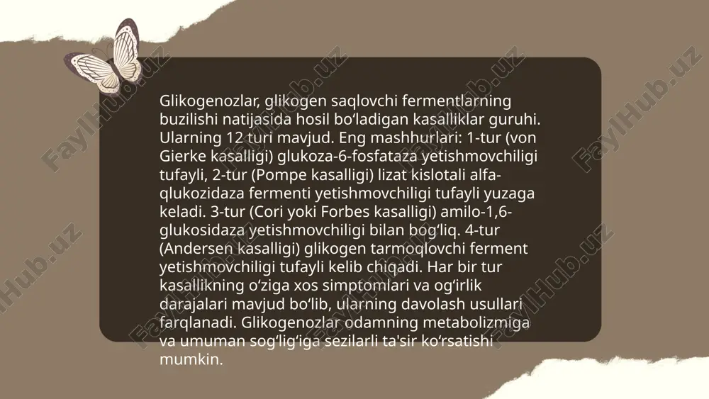 yganida jigar patologiyalariga diqqat qaratiladi. bu usullar tezkor, aniq va amaliy tomondan qulaydir. glikogen kasalliklari (glikogenoz va aglikogenoz) bekmirzayeva shahrizoda e'tiboringiz uchun raxmat! image1.png image2.png image3.png image4.jpg image5.png image6.jpg image7.jpg /docprops/thumbnail.jpeg