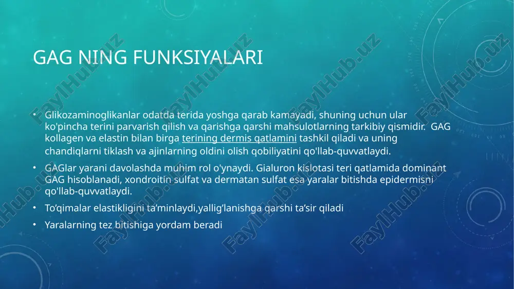sh va saqlashda muhim ahamiyatga ega. foydalanilgan adabiyotlar 1. tortora, g.j. – “principles of anatomy and physiology” 2. rang & dale – “pharmacology” 3. biokimyo darsliklari (o‘zmu, tta) 4. pubmed maqolalari (yangilanishlar uchun) 5. https://my.clevelandclinic.org/health/treatments/16017-heparin-infusion 6. http://versusarthritis.org/about-arthritis/complementary-and-alternative-treatments/types-of-complementary-treatments/chondroitin/ 7. https://www.ncbi.nlm.nih.gov/books/nbk544295/ 8. https://byjus.com/chemistry/glycosaminoglycans/ e’tiboringiz uchun rahmat! image2.png image3.png image4.png image5.jpeg /docprops/thumbnail.jpeg