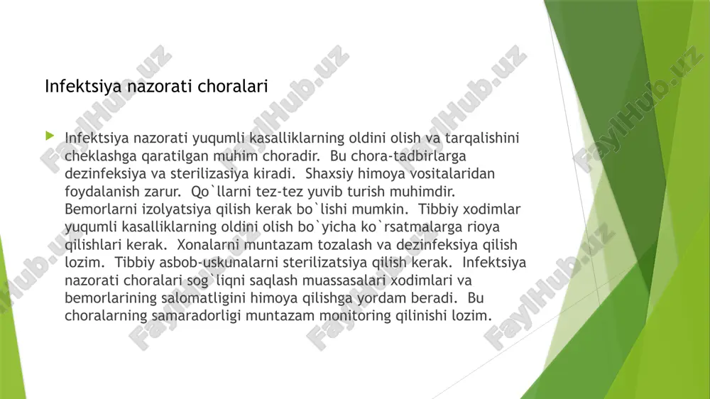 lantirish davolash muassasalarida havo almashinuvi va shamollatish juda muhim. toza havo bemorlar va xodimlar salomatligi uchun zarur. shamollatish tizimi muntazam tozalab turiladi. havo sifatini nazorat qilish kerak. havo almashinuvi tezligi gigiyenik talablarga javob berishi kerak. shamollatish tizimining ishlashi muntazam tekshiriladi. havo filtrlarini o`z vaqtida almashtirish lozim. havo sifatini yaxshilash uchun qo`shimcha chora-tadbirlar qo`llanishi mumkin. havo ifloslanishining oldini olish uchun chora-tadbirlar ko`riladi. toza havo yuqumli kasalliklarning tarqalishini oldini olishga yordam beradi. havo almashinuvi va shamollatish davolash muassasalarida yoritish va harorat rejimi muhim ahamiyatga ega. yaxshi yoritish bemorlar va xodimlar ko`zlarini himoya qiladi. harorat rejimi bemorlar va xodimlar uchun qulay bo`lishi kerak. yoritish darajasi gigiyenik talablarga javob berishi kerak. harorat gigiyenik talablarga javob berishi kerak. yoritish tizimi muntazam tekshiriladi. harorat rejimi muntazam nazorat qilinadi. yoritish va haroratni boshqarish tizimlari yaxshi holatda bo`lishi kerak. noqulay yoritish va harorat yuqumli kasalliklarning tarqalishini kuchaytirishi mumkin. bemorlarning qulayligi uchun optimal yoritish va harorat ta`minlanadi. yoritish va …