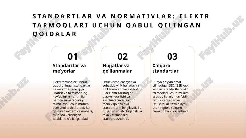 iqiladi va doimiy o‘quv mashg‘ulotlari o‘tkaziladi. bu yordamida favqulodda vaziyatlarda tez va samarali harakat qilish imkoniyati ta'minlanadi. elektr tarmoqlari va tizimlarining ishonchliligini ta’minlash uchun asosiy standartlar 1 standartlar va normativlar elektr tarmoqlari uchun qabul qilingan standartlar va normativlar, tarmoq xavfsizligi, uzluksizlik va ishonchlilikni ta’minlashda muhim rol o’ynaydi. bu hujjatlar texnik va operatsion talablarni belgilaydi. 2 ishonchlilik talablari tarmoqlar uchun ishonchlilik mezonlari, uzilishlarni kamaytirish va uzoq muddatli barqarorlikni ta’minlash uchun ishlab chiqilgan. bu standartlar yordamida tarmoq samaradorligi oshiriladi. 3 xavfsizlik mezonlari elektr tarmoqlarida xavfsizlikni ta’minlash uchun muhim qoidalar va texnik talablarga rioya qilish zarur. bu, favqulodda vaziyatlarda inson va texnika xavfsizligini himoya qiladi. 4 texnik ko‘rsatmalar standartlar va normativlar asosida texnik ko‘rsatmalar ishlab chiqiladi. ular, tarmoq qurilishi, parvarish va texnik xizmatlarda qattiq amal qilish uchun asos bo’ladi. texnik xizmatlar va uzluksizlikni oshirish bo‘yicha samarali strategiyalar 1 tehnik xizmatlarining muhimligi to'g'ri va muntazam texnik xizmatlar tarmoq uzilishlarini kamaytiradi, ishlab chiqarish samaradorligini oshiradi …
