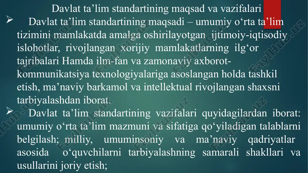 iy o‘rta ta’lim muassasalarida tarix fanini o‘qitishning vazifalari: o‘quvchilarga davlatchiligimiz tarixi jahon sivilizatsiyasining ajralmas qismi ekanligini anglatish; ajdodlarimizning ma’naviy merosi va jasoratlaridan ibrat olishga, ularga munosib voris bo‘lishga o‘rgatish; o‘quvchilarni tarixiy voqealarni idrok etishga yo‘naltirish orqali ularning o‘zligini anglash, shaxs sifatida kamol topishiga yordam beradigan tushunchalar, milliy, umuminsoniy qadriyatlar ruhida tarbiyalashdan iborat. davlat va huquq asoslari fani umumiy o‘rta ta’lim muassasalarida davlat va huquq asoslari fanini o‘rganish bitiruvchilar standart darajasi daraja nomlanishi umumta’lim maktablarining 8-sinf bitiruvchilari a1 davlat va huquq asoslari fanini o‘rganishning boshlang‘ich darajasi umumta’lim maktablarining 9-sinf bitiruvchilari a2 davlat va huquq asoslari fanini o‘rganishning tayanch darajasi davlat va huquq asoslari fani chuqur o‘rganiladigan ixtisoslashtirilgan umumta’lim maktablarining 9-sinf bitiruvchilari a2+ davlat va huquq asoslari fanini o‘rganishning kuchaytirilgan tayanch darajasi davlat va huquq asoslari fani chuqur o‘rganiladigan ixtisoslashtirilgan umumta’lim maktablarining 11-sinf bitiruvchilari b1 huquqshunoslik fanini o‘rganishning umumiy darajasi davlat va huquq asoslari fanini o‘qitishning maqsad va vazifalari davlat va huquq …