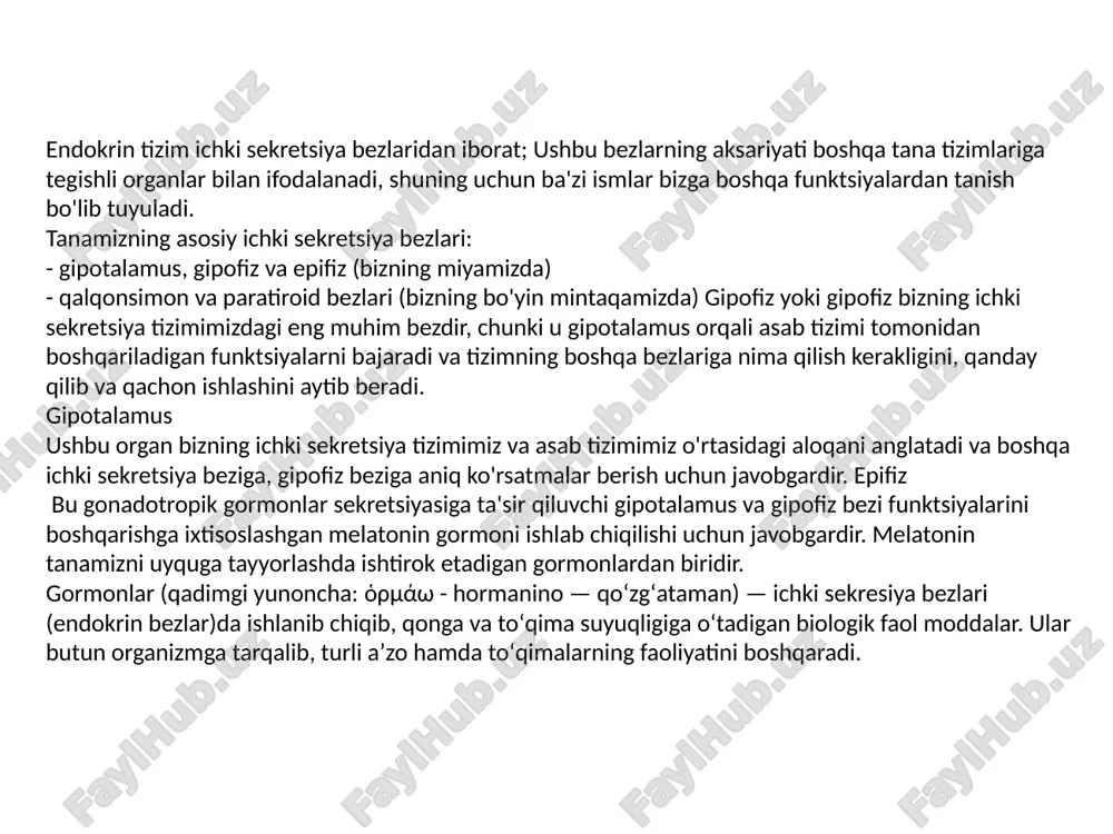 ada bo'lishi mumkinligi haqida aniq ko'rsatkichlar mavjud. endokrin sistema ichki sekretsiya hujayralari birlashib ichki sekretsiya bezini hosil qiluvchi bezli endokrin sistemaga (yoki bez apparati) va diffuz endokrin sistemaga bo'linadi. endokrin bez barcha steroid gormonlar, qalqonsimon gormonlar va ko'plab peptid gormonlarini o'z ichiga olgan glandular gormonlarni ishlab chiqaradi. tarqalgan endokrin tizim tana bo'ylab tarqalgan endokrin hujayralar bilan ifodalanadi, ular aglandular - (kaltsitriol bundan mustasno) peptidlar deb ataladigan gormonlar ishlab chiqaradi. tanadagi deyarli barcha to'qimalarda endokrin hujayralar mavjud. u turli xil biologik faol moddalar (gormonlar, neyrotransmitterlar va boshqalar) sintezini, to'planishini va qon oqimiga chiqarilishini amalga oshiradigan endokrin bezlar bilan ifodalanadi. klassik ichki sekretsiya bezlari: pineal bez, gipofiz bezlari, qalqonsimon bez, paratiroid bezlari, oshqozon osti bezi orol apparati, buyrak usti bezlari po'stlog'i va medulla, moyaklar, tuxumdonlar bezli endokrin tizimga kiradi. bez tizimida endokrin hujayralar bitta bez ichida to'plangan. markaziy asab tizimi barcha endokrin bezlarning gormonlari sekretsiyasini tartibga solishda ishtirok etadi va gormonlar qayta …