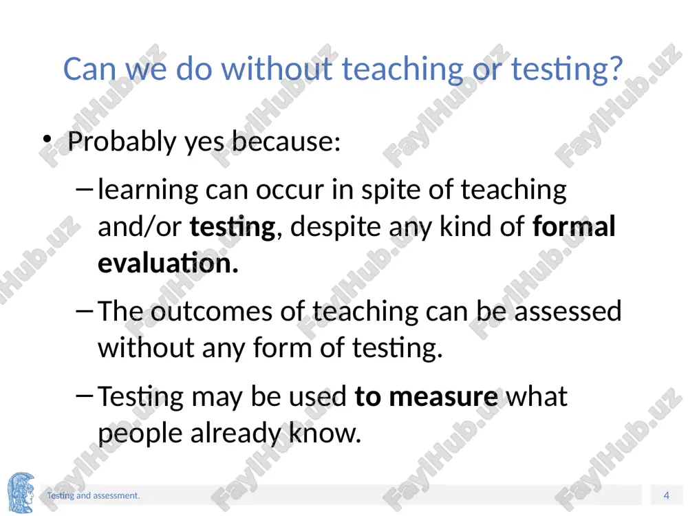 to that point and to see what they have learnt. ‹#› testing and assessment. which kind of testing is the most common? (2/2) proficiency testing. it is used to measure learners’ general linguistic knowledge, abilities or skills without reference to any specific course. some proficiency tests are intended to show whether students or people outside the formal educational system have reached a given level of general language ability. others are designed to show whether candidates have sufficient ability to be able to use a language in some specific area such as medicine, tourism etc. such tests are often called specific purposes tests. ‹#› testing and assessment. which kind of testing is the least common? (1/2) diagnostic testing, which seeks to identify those areas in which a student needs further help. these tests can be fairly general, and show, for example, whether a student needs particular help with one of the …