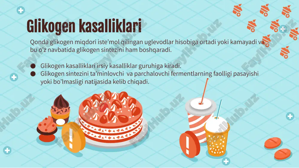 z neonatal davrda yoki erta bolalikda rivojlanadi. jigardagi past glikogen miqdori och qoringa og'ir gipoglikemiya bilan namoyon bo'ladi. letargiya, chuqur uyqu, ongni yo'qotish, terining oqarishi, ko'ngil aynishi, qusish, kechasi va ertalab konvulsiyalar kuzatiladi. aglikogenoz e’tiboringiz uchun rahmat image1.png image2.png image5.png image6.jpg image7.png image8.png image9.png image10.png image11.png image3.png image12.jpg image13.png image14.png image15.png image16.png image4.png image17.jpg image18.jpg image19.png image20.jpg