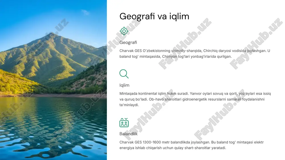 lanishiga muhim hissa qo'shadi. 12 foydalanilgan manbalar kitoblar charvak ges haqida yozilgan bir qator monografiyalar va ilmiy adabiyotlardan foydalanilgan. ilmiy maqolalar charvak ges qurilishi, rivojlanishi va ahamiyatini yorituvchi ko'plab ilmiy maqolalar o'rganilgan. internet manbalar charvak ges haqidagi axborotlar oʻzbekiston va xorijiy saytlaridan ham olingan. statistik ma'lumotlar charvak ges ishlab chiqarish, elektr energiyasi taqdim etish va boshqa statistik ko'rsatkichlar tahlil etilgan. 13 image1.png image2.png image3.png image4.png image5.png image6.png image7.png image8.png image9.png image10.png image11.png image12.png image13.png image14.png image15.png image16.png image17.png image18.png image19.png image20.png image21.png image22.png image23.png image24.png image25.png image26.png image27.png